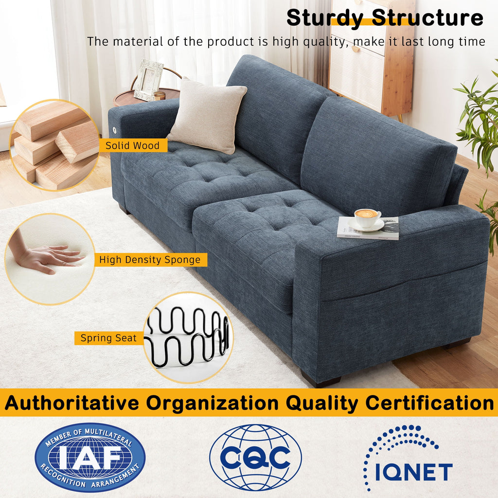 Bedluxury 89 Deep Sofa Couch with USB/Type-C Charging, Storage Pocket & Wide Armrest, Removable Cover, Seats 3 Adults, Chenille Beige