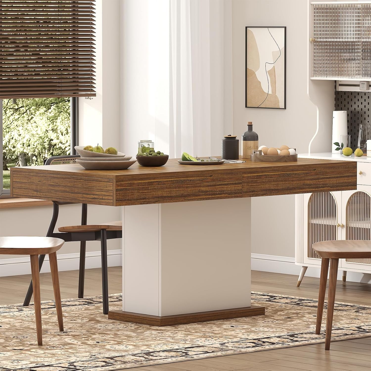 HAUXITIO 55 Inch Dining Table with LED Lights & 2 Drawers,Wooden Pedestal Base Table for 4-6 People,for Kitchen & Dining Room,White& Rustic Brown