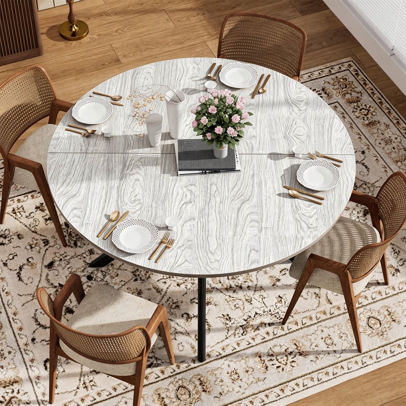 Hawsaiy 47 Round Dining Table for 4-6, Modern Farmhouse Kitchen Table with Metal Legs, Wood Circle Dinner Table for Kitchen & Dining Room, Walnut