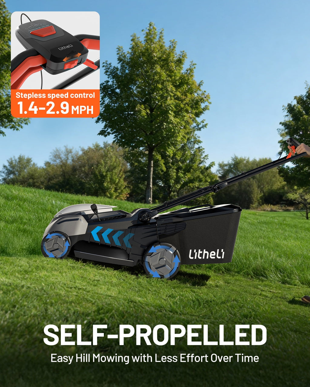 Litheli 40V Cordless Electric Lawn Mower, 17-Inch, Self-Propelled, Brushless Motor, 6-Position Height Adjustment, with 2 x 5.0Ah Battery, for Lawns & Gardens
