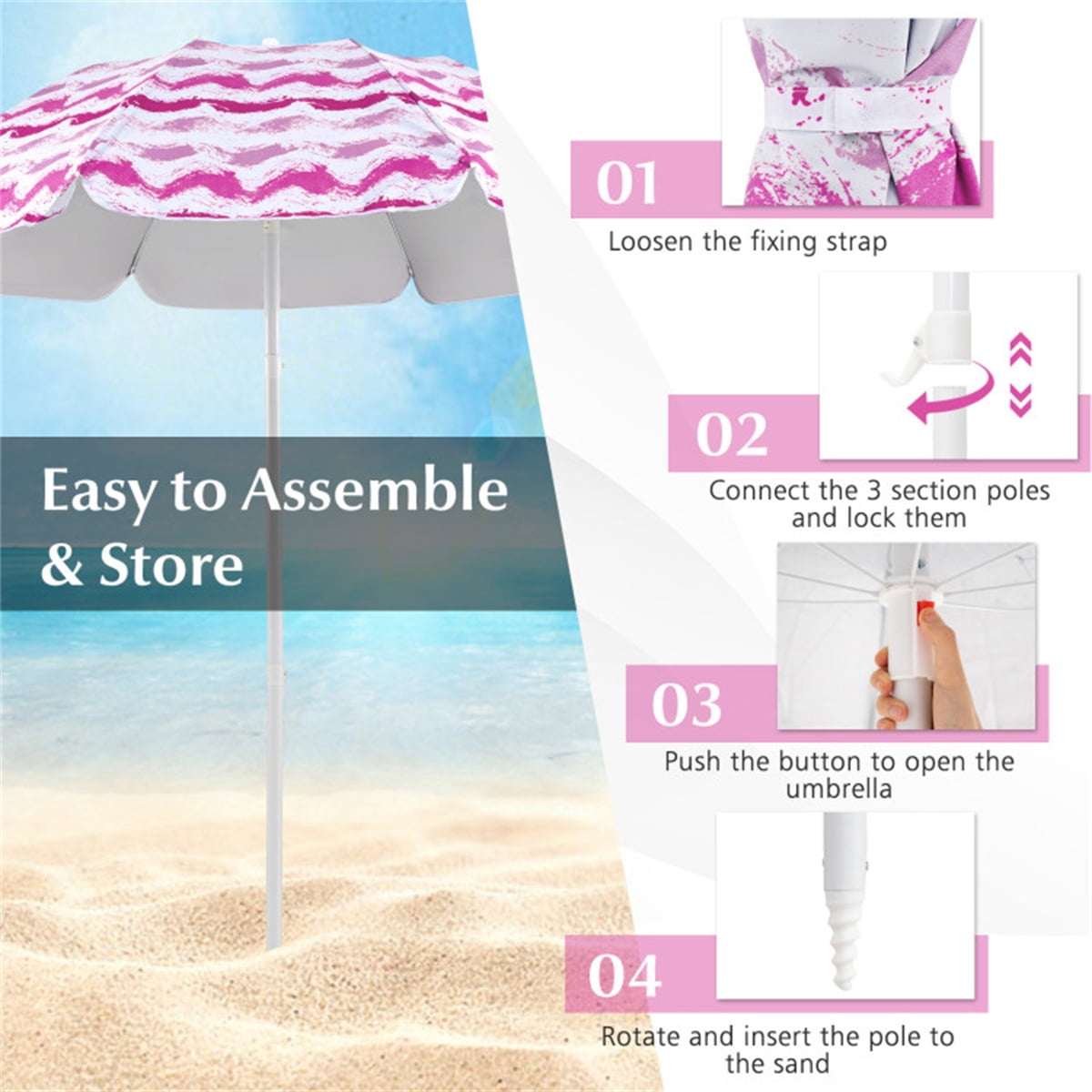 Portable Beach Set 4-Piece Pink – Sun-Proof Umbrella 2 Comfortable Folding Chairs & Large Waterproof Picnic Blanket