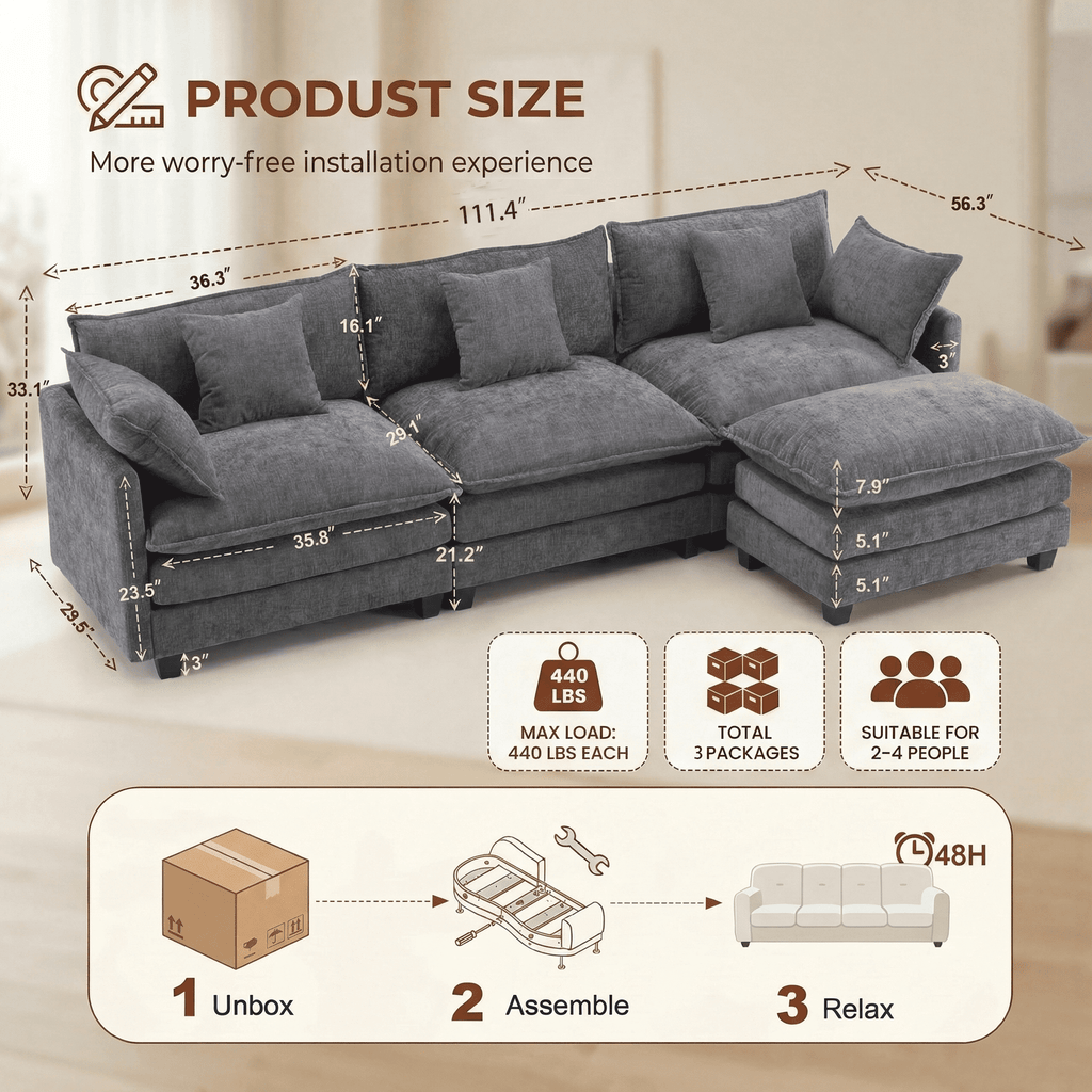 Dioepic Cloud Chenille 3-Seat Living Room Sectional Sofa Modern Cloud Couch 111.4 with Ottoman & 3 Pillows, Grey