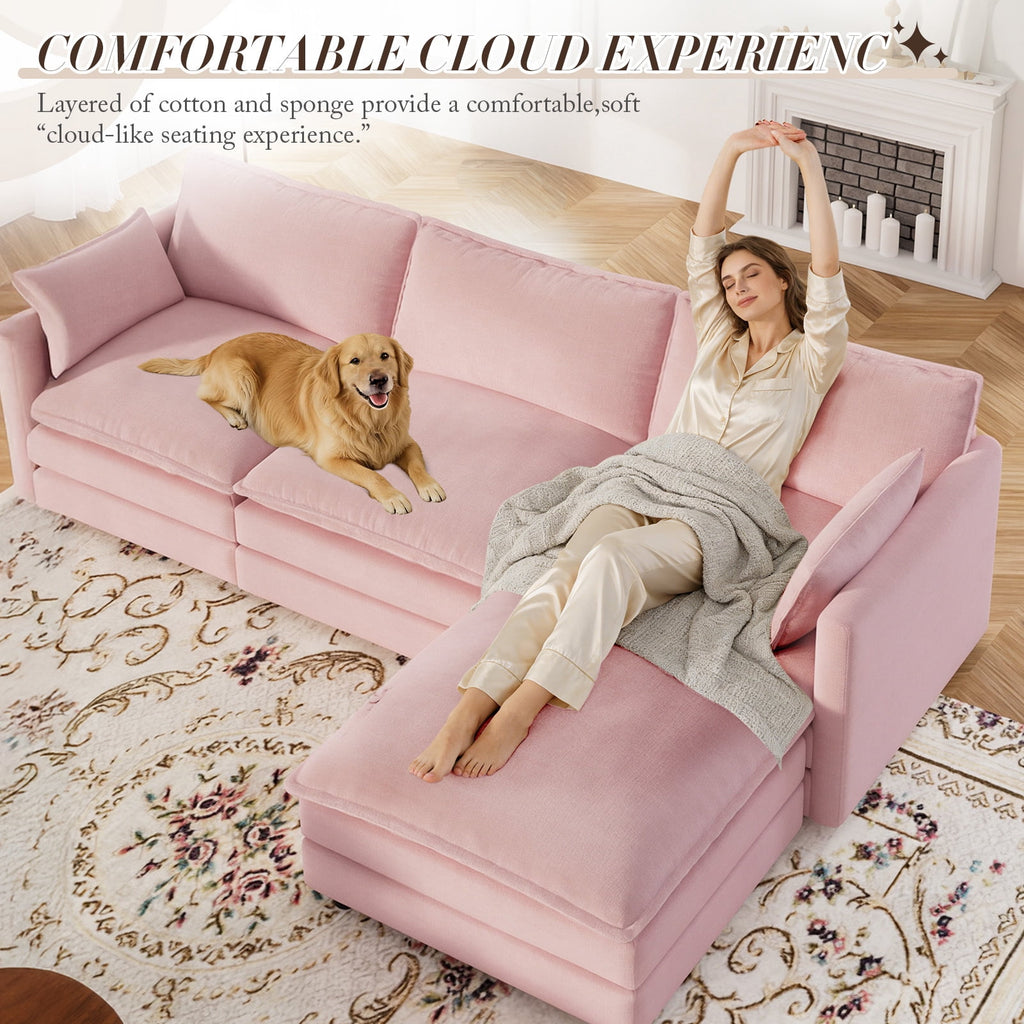 Muumblus Sectional Sofa Cloud Couch with Reversible Ottoman, L-Shaped Chenille Sofa for Living Rooms, Beige