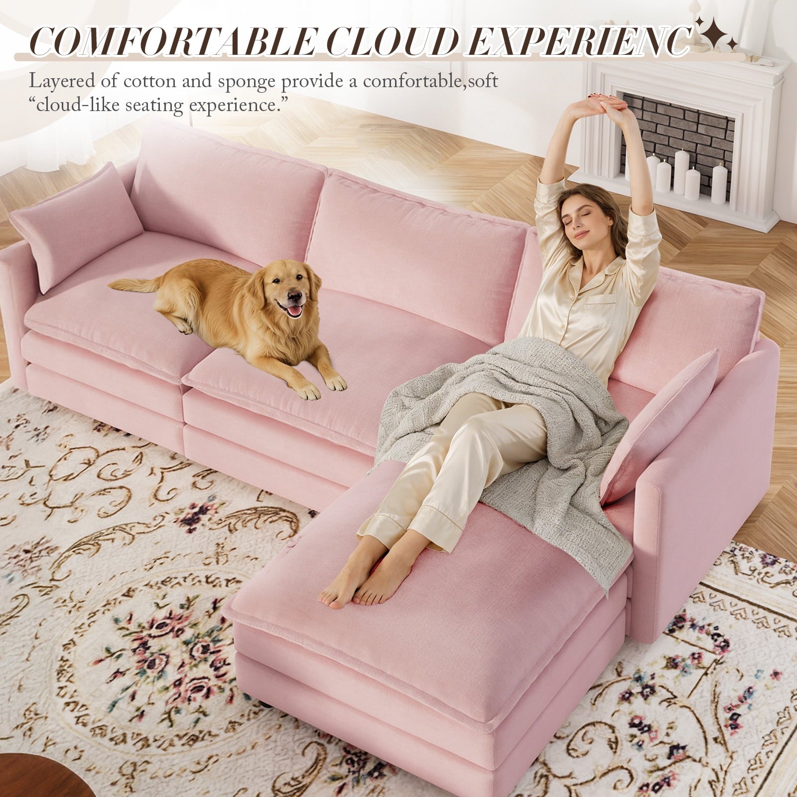 Muumblus Sectional Sofa Cloud Couch with Reversible Ottoman, L-Shaped Chenille Sofa for Living Rooms, Beige