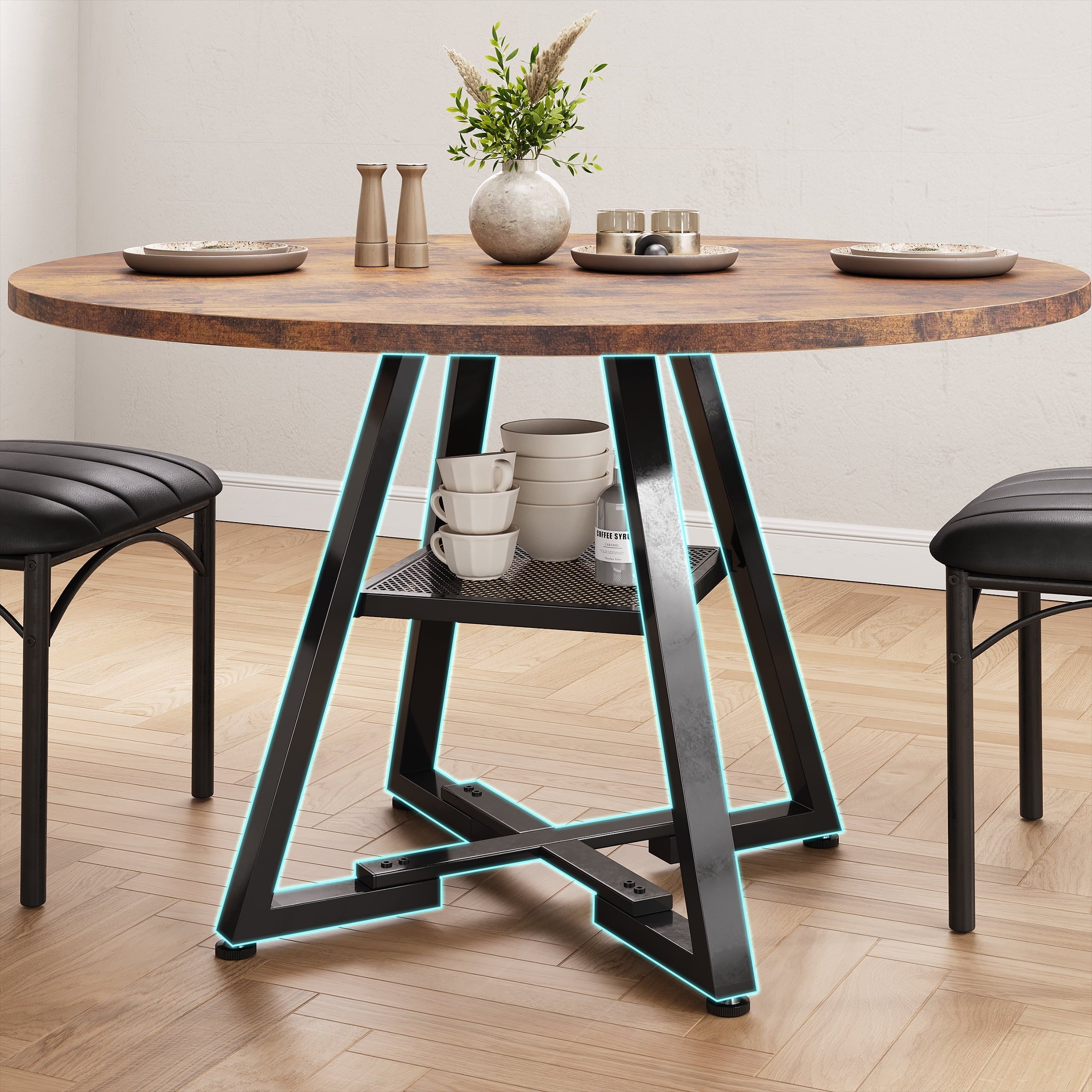 Hijob 47 inch Wood Dining Table for 4, Round Kitchen Dining Table with Storage Shelf for Home Dining Room Living Room, Brown(Only Table)