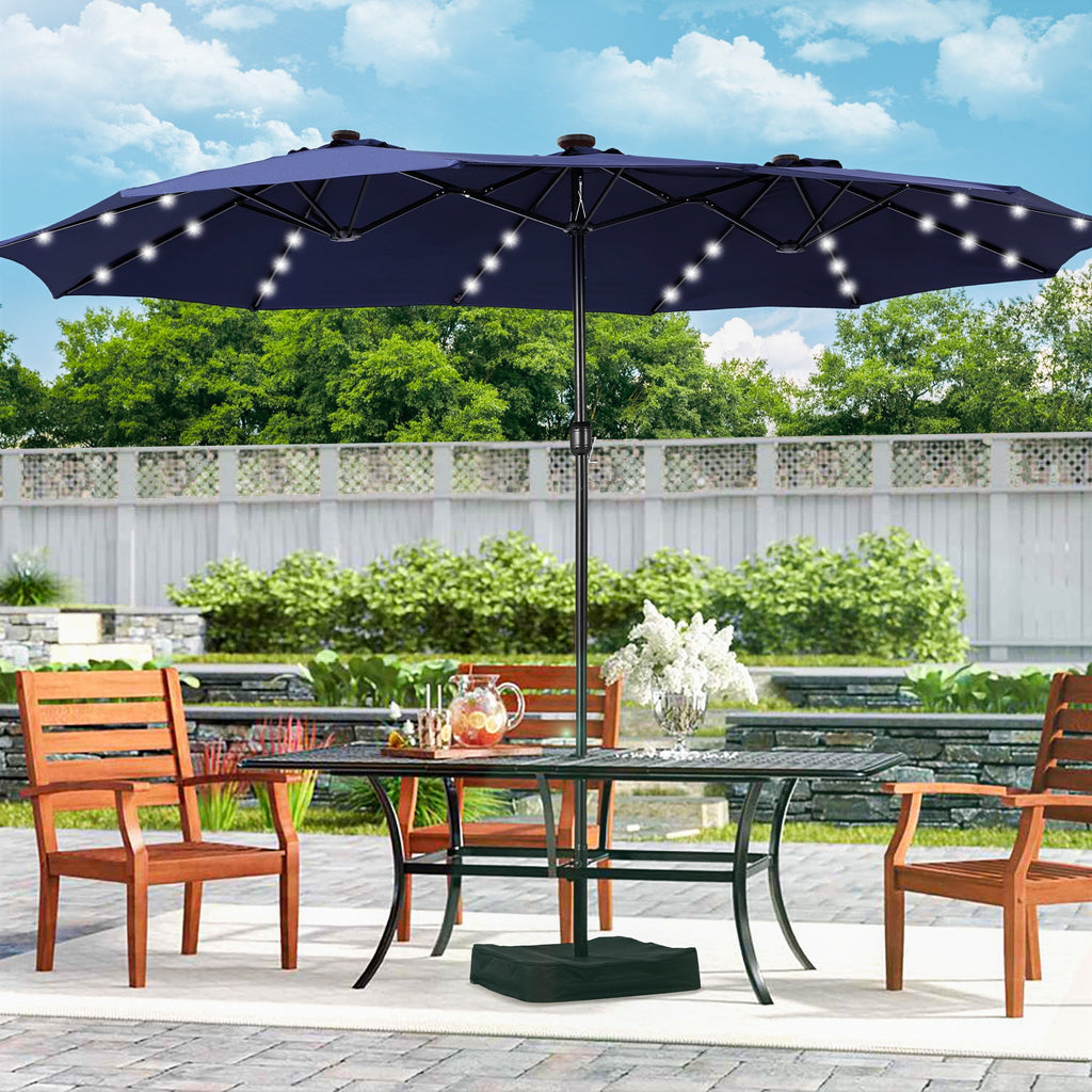 Alpha Joy 15ft Extra Large Outdoor Patio Double-Sided Umbrella with LED Solar Lights & Umbrella Base, Beige