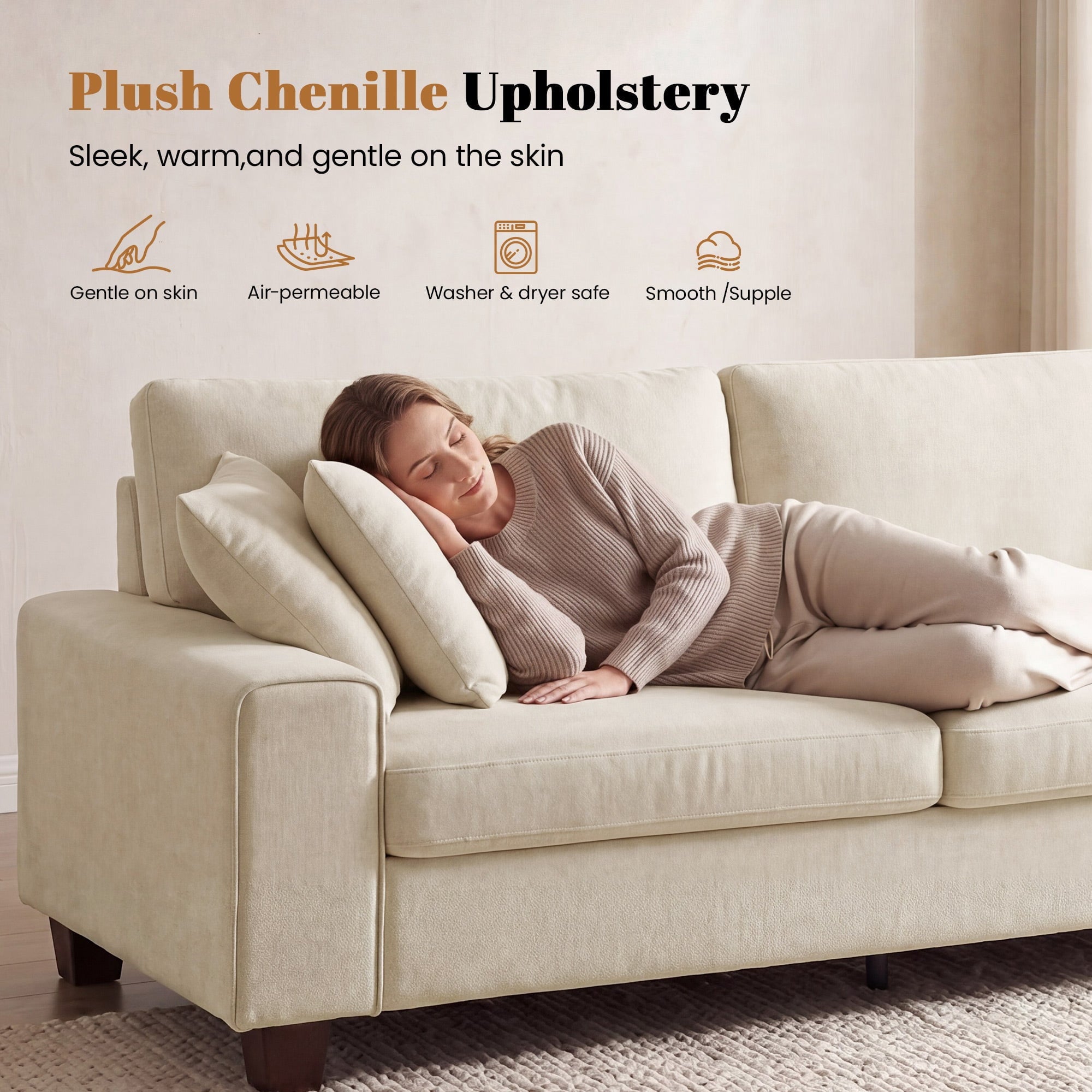 Poshby 88.58''W 3 Seater Sofa Couch with Chenille, Modern Square Arm for Living Room, Light Gray