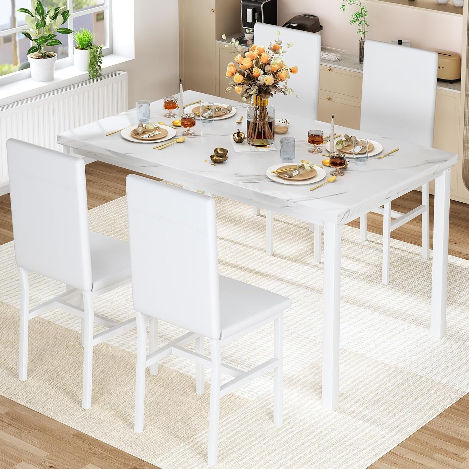 MIERES 5-Piece Dining Table Set for 4, Faux Marble Kitchen Table and 4 Chairs, Modern Dining Room Table with 4 Chairs, Dinner Table Set for Small Spaces, Brown
