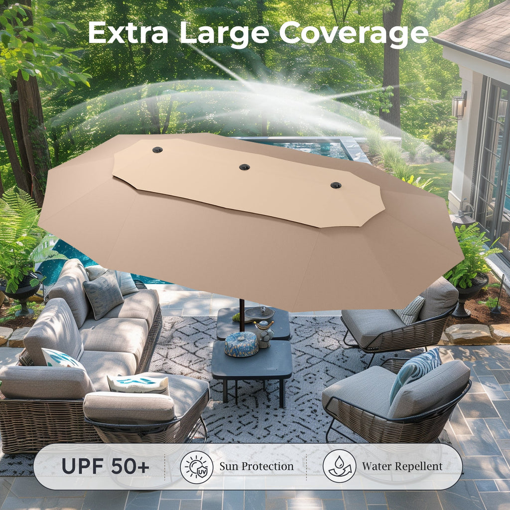 Alpha Joy 15ft Dual-Layer Outdoor Patio Umbrella Extra-Large Double-Sided Garden Umbrella with Ventilation and Base - Beige