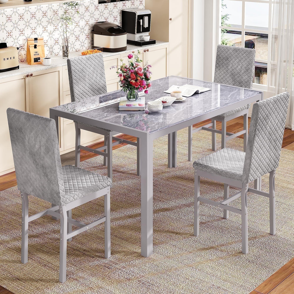 Baxluxe Dining Table Set for 4, Modern 5 Piece Dining Table Set, Faux Marble Kitchen Table and 4 Velvet Upholstered Chairs for Apartments, Dining Rooms, Small Spaces, Gray