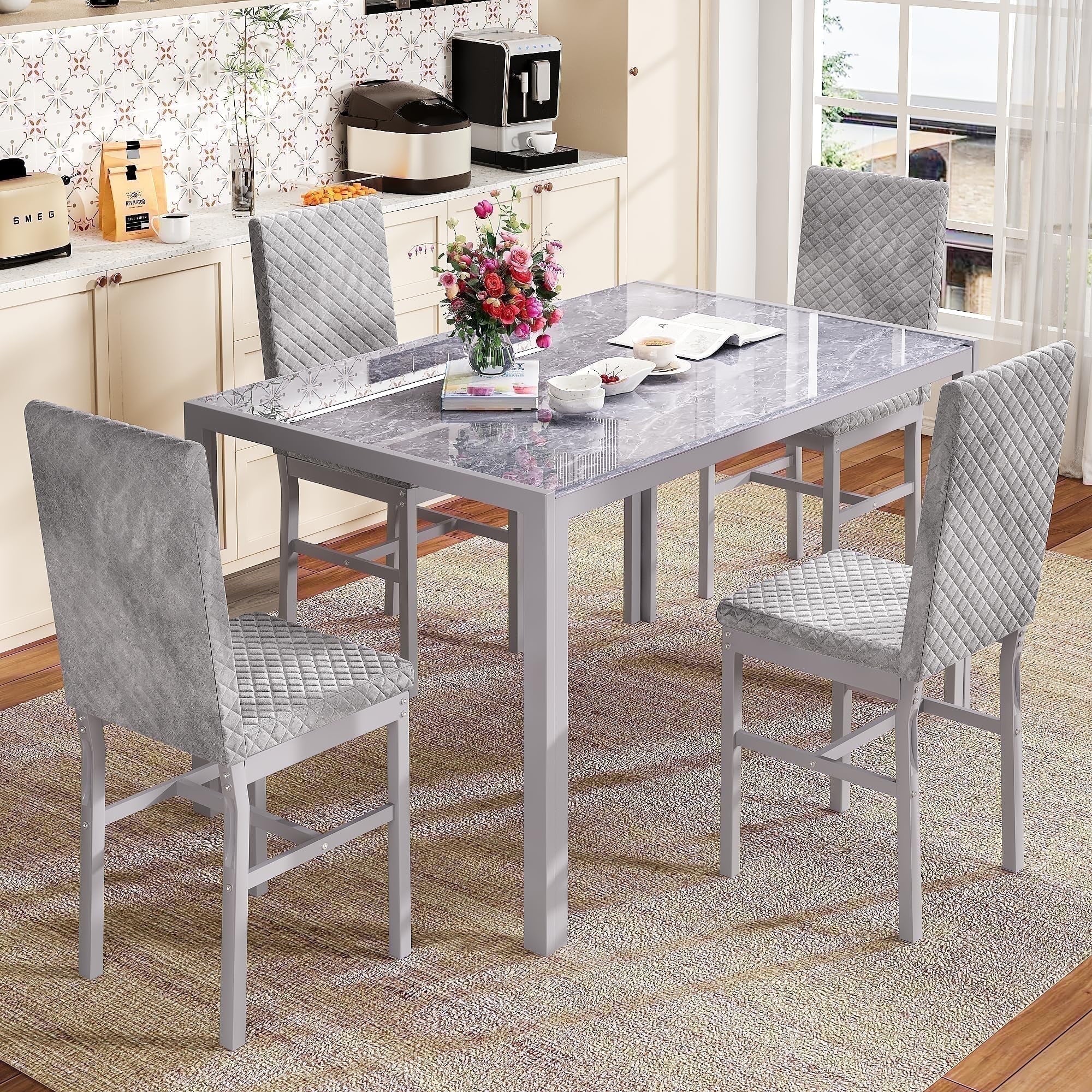 Baxluxe Dining Table Set for 4, Modern 5 Piece Dining Table Set, Faux Marble Kitchen Table and 4 Velvet Upholstered Chairs for Apartments, Dining Rooms, Small Spaces, Gray