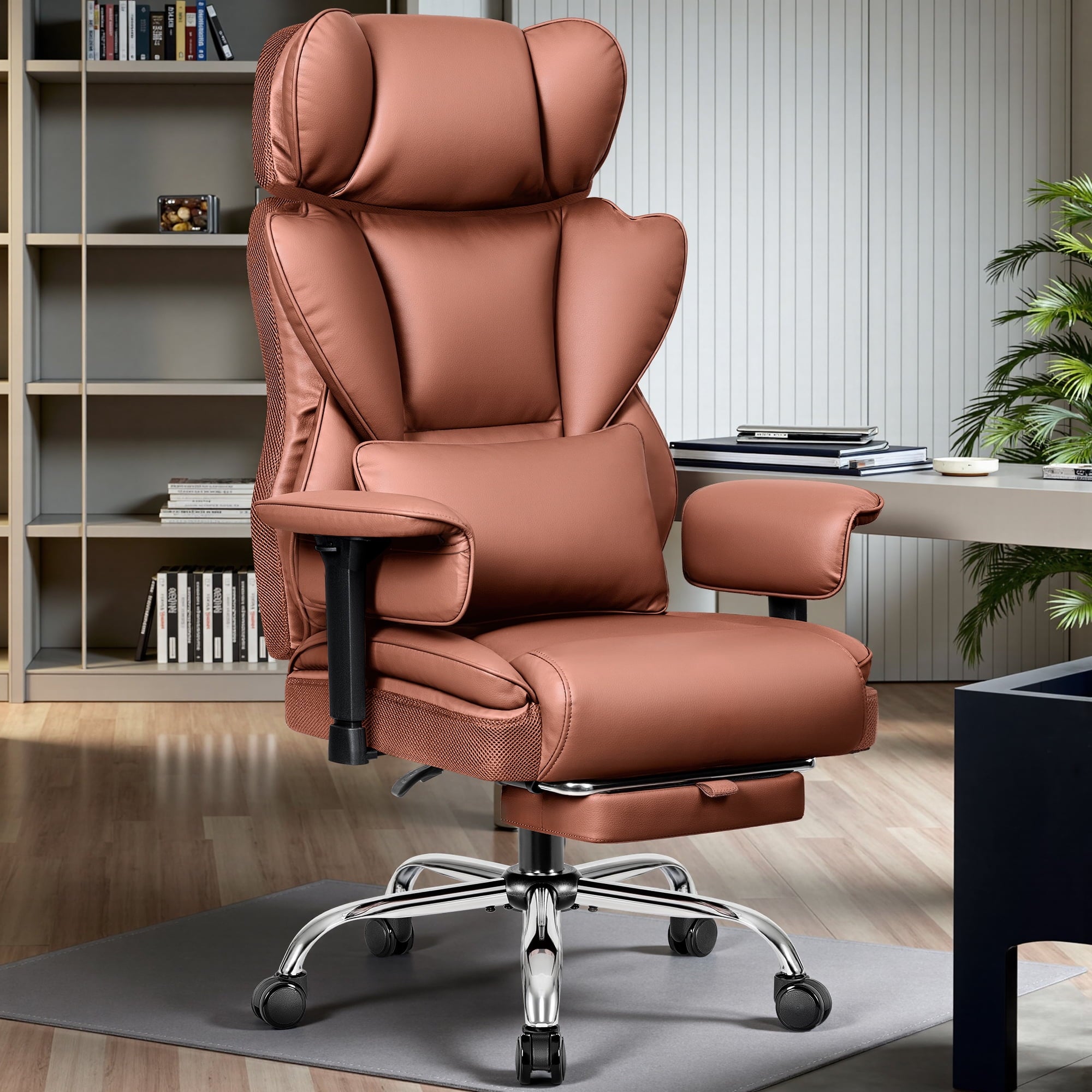 COOLHUT Big and Tall PU Leather Office Chair with Adjustable Headrest & Footrest, Executive Computer Desk Chair with 3D Adjustable Padded Armrest, Ergonomic Office Chair with Lumbar Support, Black