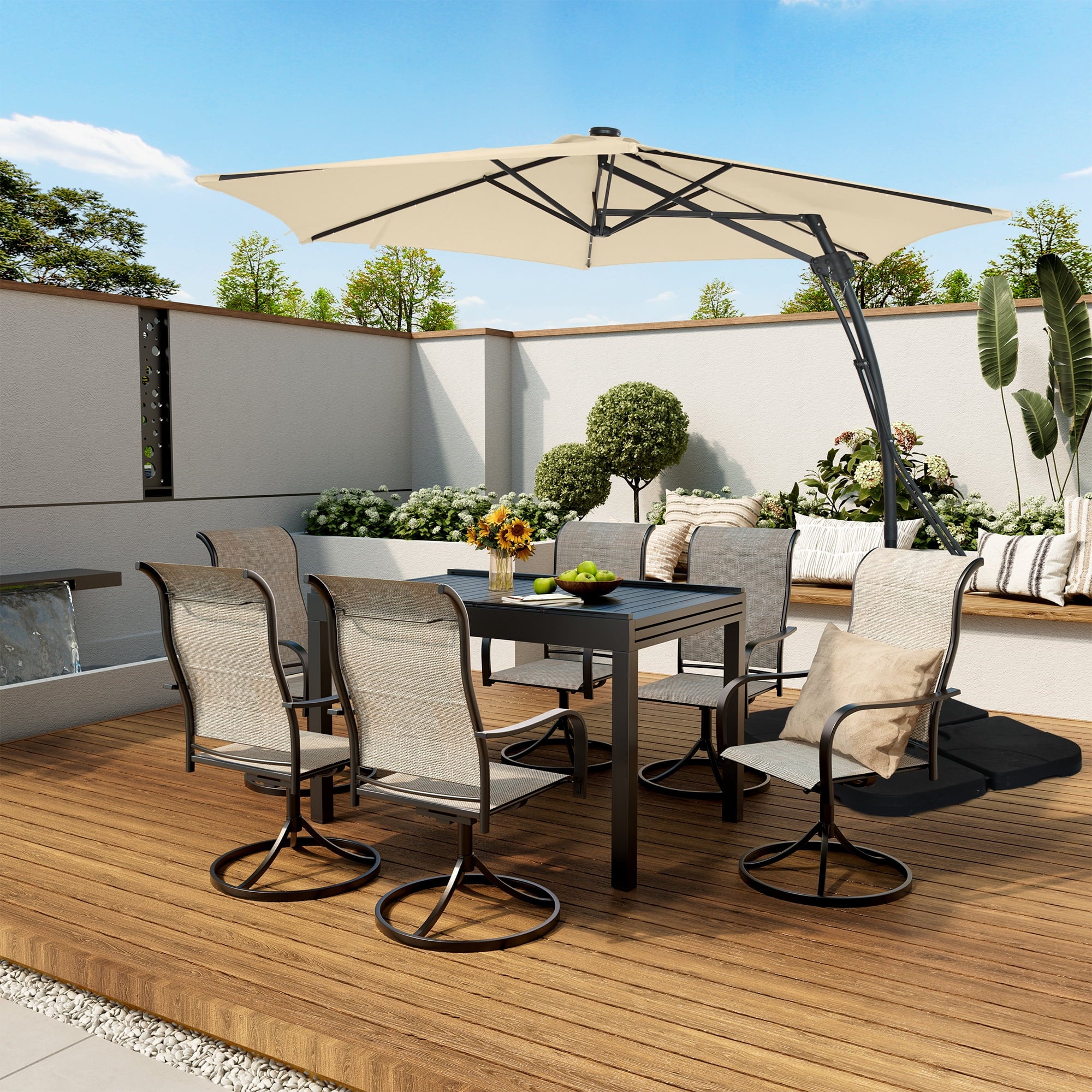 Mondawe 10ft Heavy Duty Solar Patio Umbrella with Base Included, 360° Rotation, 24 LED Lights, Outdoor Hanging Offset Cantilever Market Sun Shade Umbrella, Beige