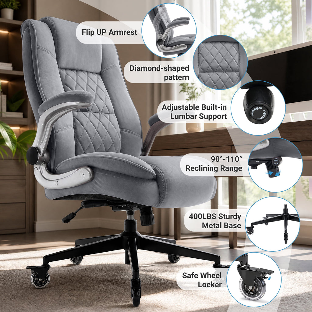 Ergonomic Home Office Chair with Locking Wheels, High-back Desk Chair with Thick Padded Flip-up Armrest, Comfy Executive Chair with Adjustable Lumbar Support for Home & Office & Work