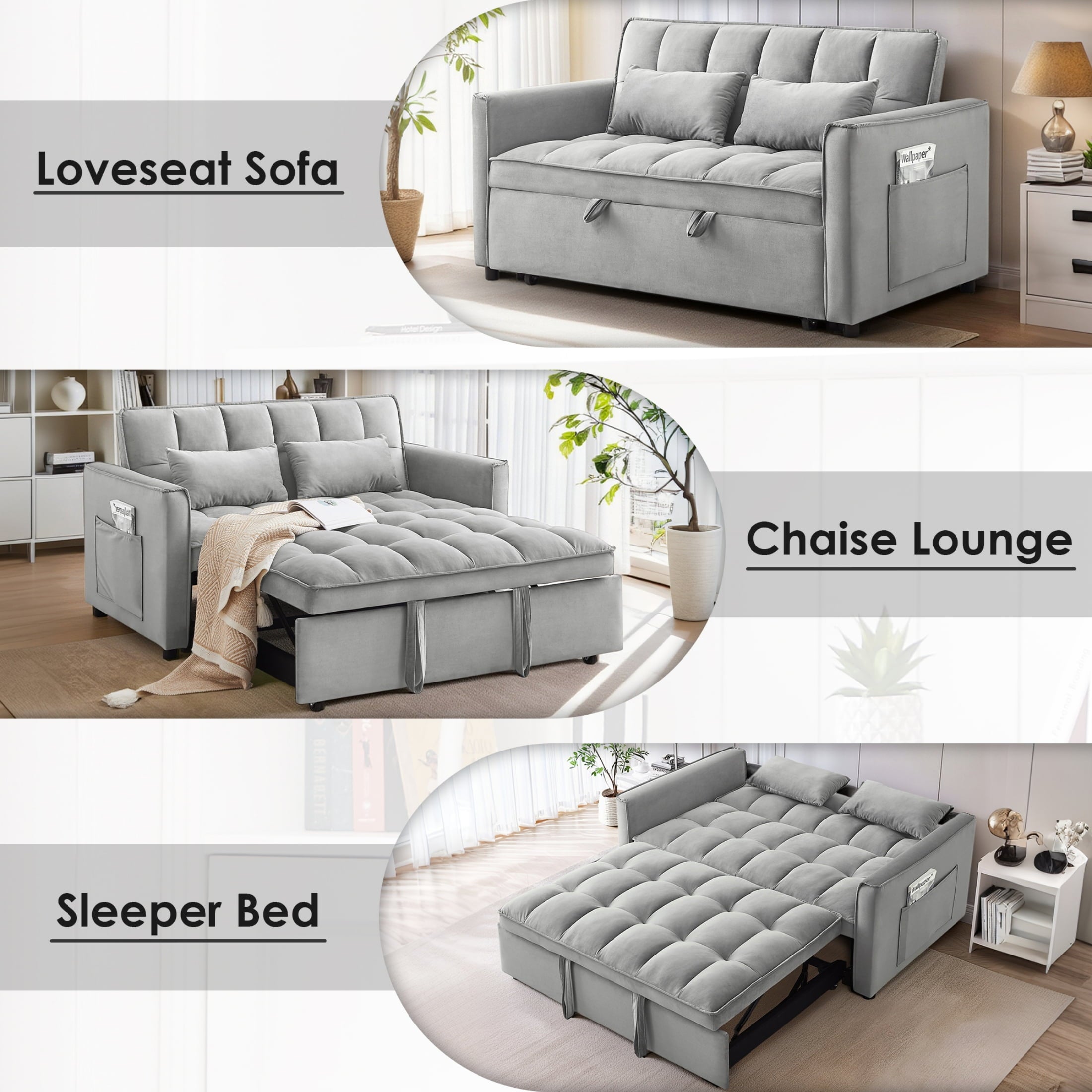 Anpport 3-in-1 Convertible Sleeper Sofa Bed, Pull-Out Loveseat Couch with Adjustable Back for Small Spaces, Velvet Fabric, 55, Dark Gray