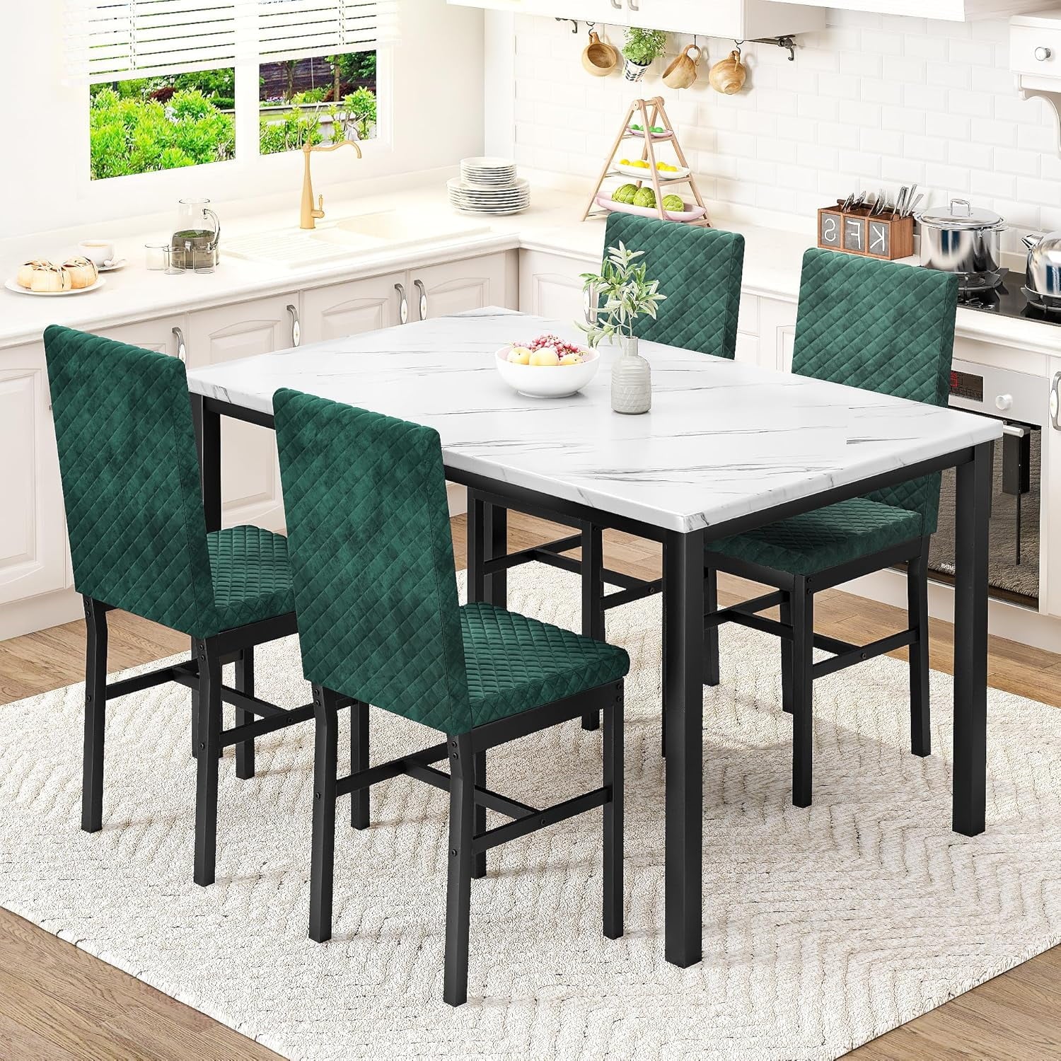 Baxluxe Dining Table Set for 4, Modern 5 Piece Dining Table Set, Faux Marble Kitchen Table and 4 Velvet Upholstered Chairs for Apartments, Dining Rooms, Small Spaces, Gray