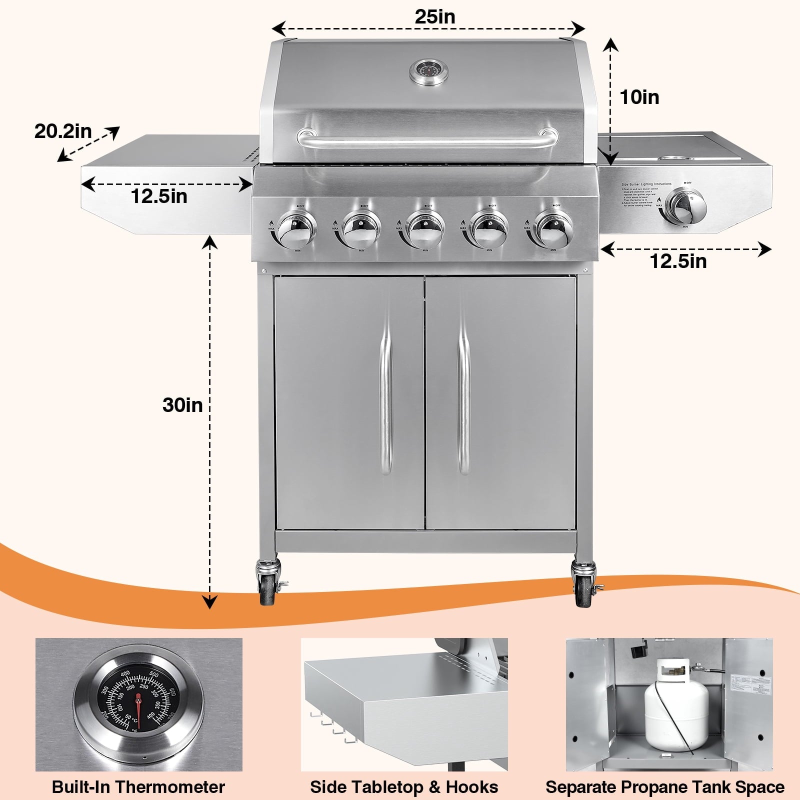 SIXDAY 68,000 BTU 5-Burner Propane Gas Grill with Side Burner, 647 sq.in Cooking Area, Stainless Steel BBQ Grill with Warming Rack and Food Clip