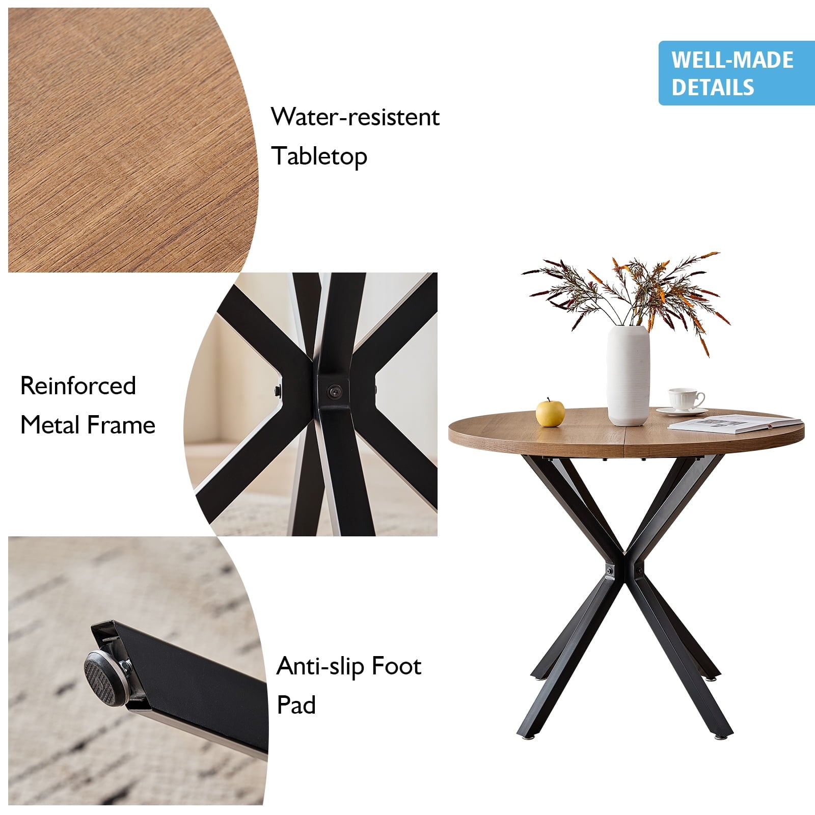 5 Piece 39 Round Dining Table Set for 4, Mid Century Kitchen Table with 4 Khaki Fabric Upholstered Dining Chairs for Apartment Living Room, Space Saving Table.