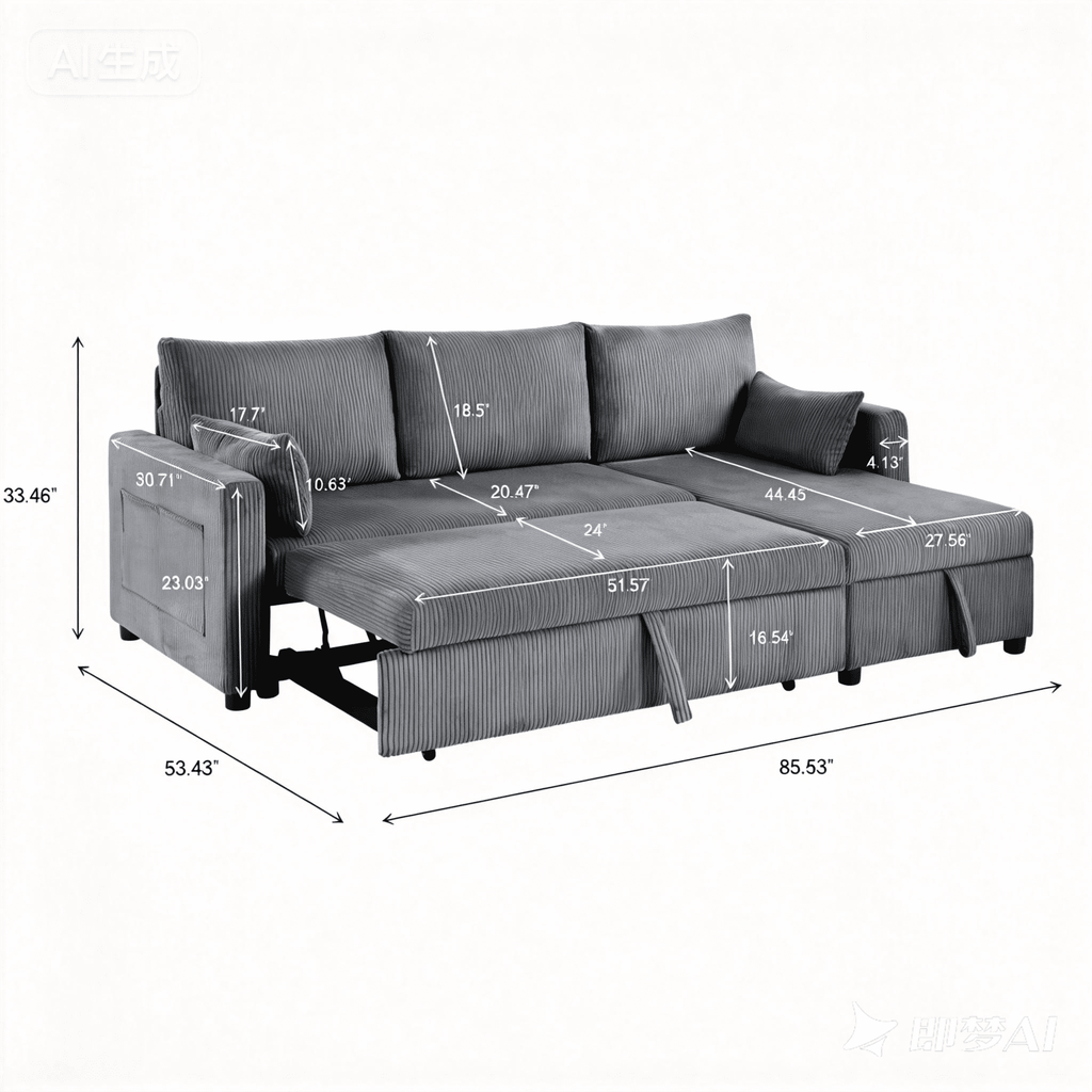 BSHTI L-Shaped Pull-Out Sleeper Sofa Bed with Storage Chaise, 3-Seater Convertible Corduroy Sectional Couch, Solid Wood & Iron Frame, Black