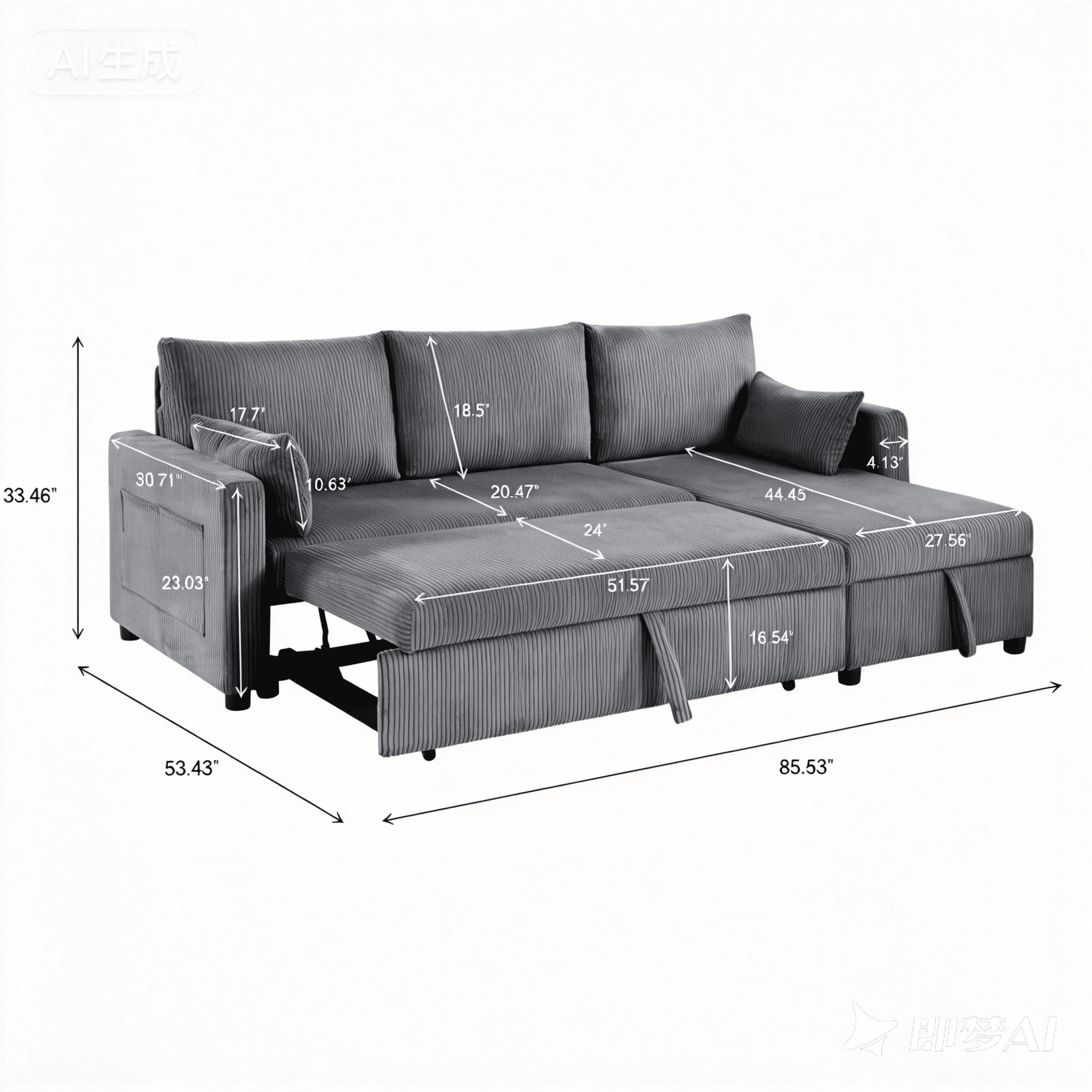 BSHTI L-Shaped Pull-Out Sleeper Sofa Bed with Storage Chaise, 3-Seater Convertible Corduroy Sectional Couch, Solid Wood & Iron Frame, Black