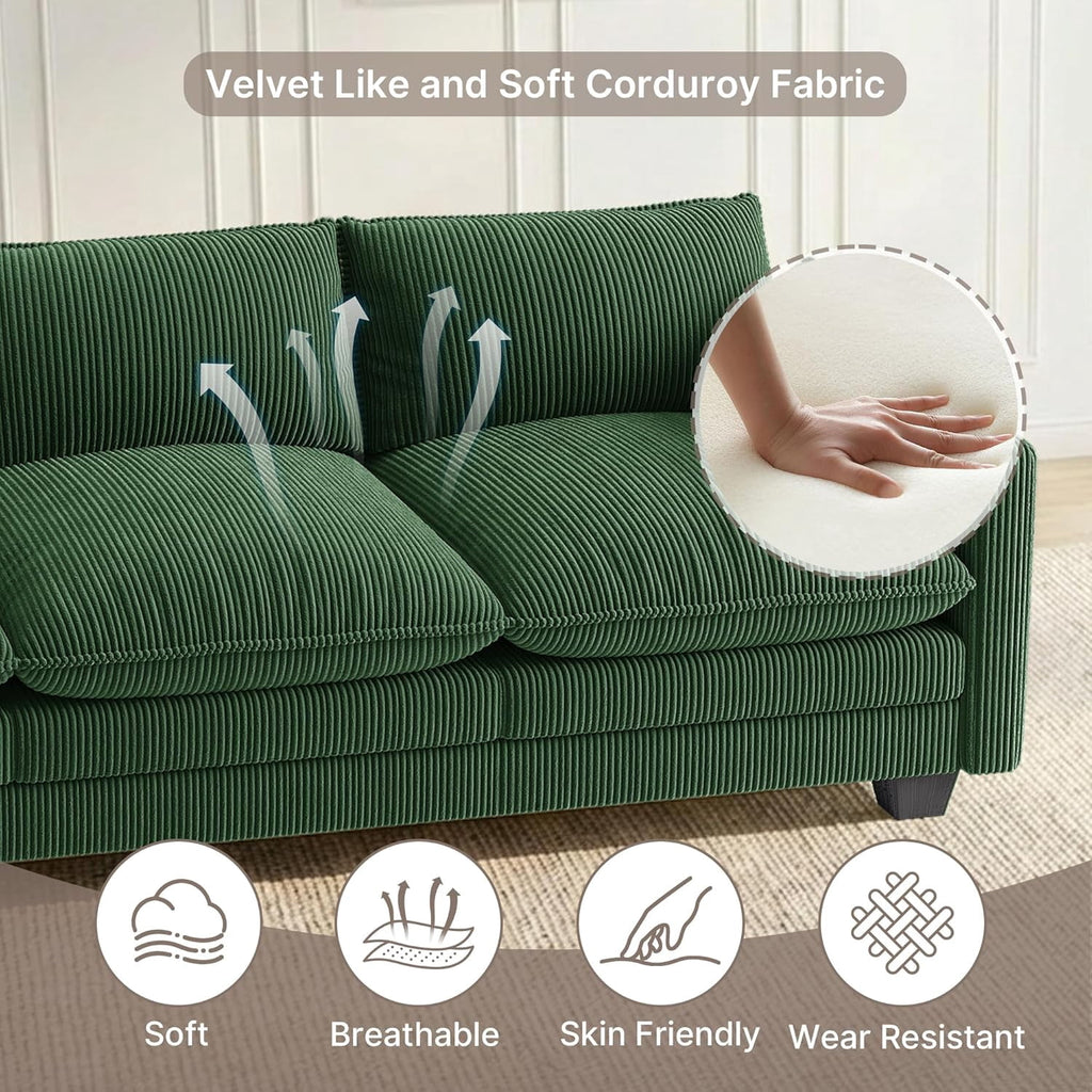 110'' Oversized L Shaped Couch for Living Room, Cloud Couches with Washable Corduroy Cover, Modern 4-Seater Comfy Deep-Seat Sofa with Movable Ottoman and 2 Throw Pillows for Apartment, Gray