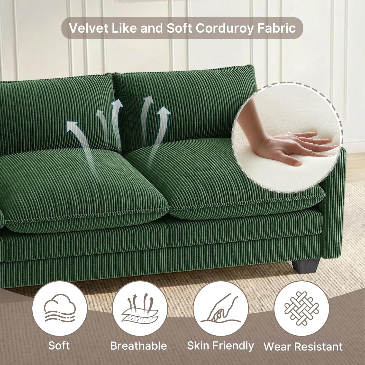110'' Oversized L Shaped Couch for Living Room, Cloud Couches with Washable Corduroy Cover, Modern 4-Seater Comfy Deep-Seat Sofa with Movable Ottoman and 2 Throw Pillows for Apartment, Gray