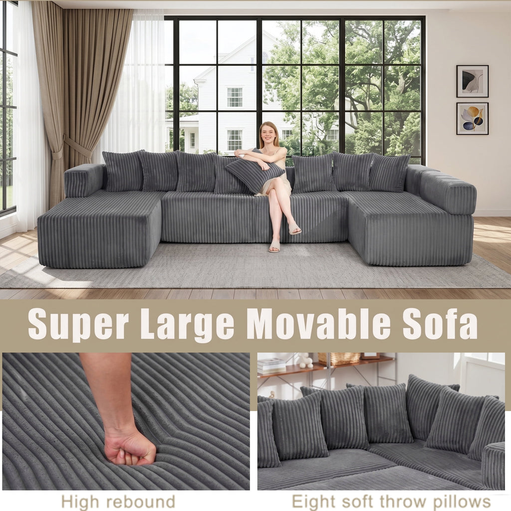 SOULART 138.5 U Shaped Sectional Couch,Gray Cloud Boneless Sofa For Living Room,Plush Corduroy Couches With Deep Seat Chaise Lounge,No Assembly Required
