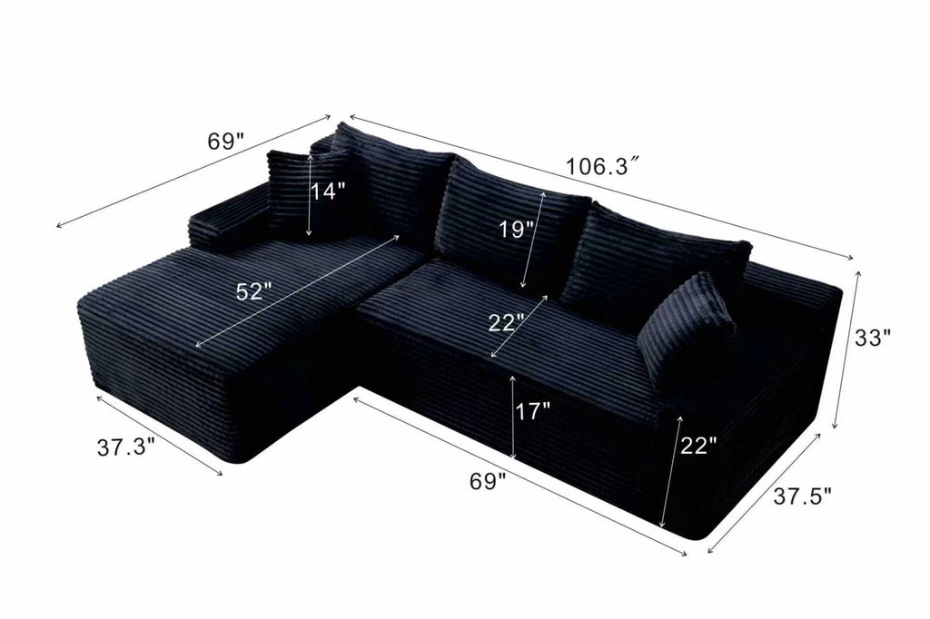 LLappuil 108 Sectional Sofa, Modular Sectional Couch with Left Chaise, Deep Seat Corduroy Cloud Sofa for Living Room Black
