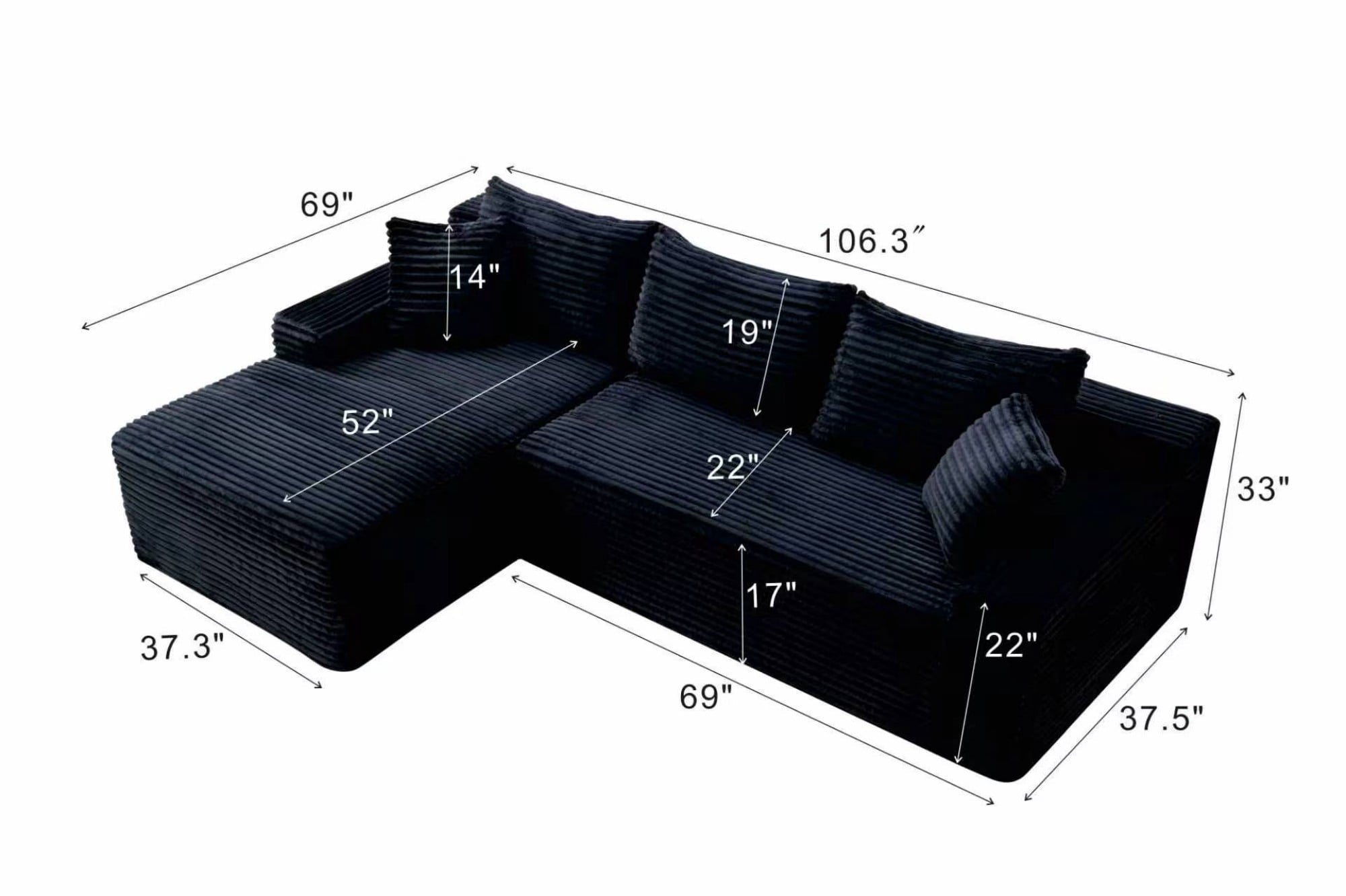 LLappuil 108 Sectional Sofa, Modular Sectional Couch with Left Chaise, Deep Seat Corduroy Cloud Sofa for Living Room Black