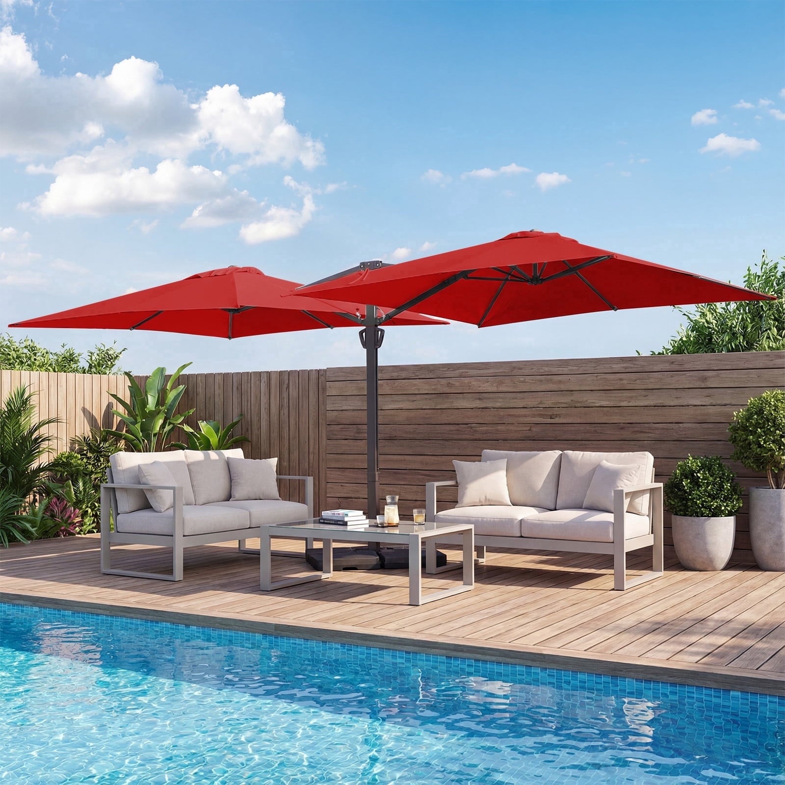 FUNDAZE 10x10ft Double Canopy Cantilever Umbrella, Patio Outdoor with Base & Cover, Waterproof UV Resistant for Garden Poolside Shade, Beige