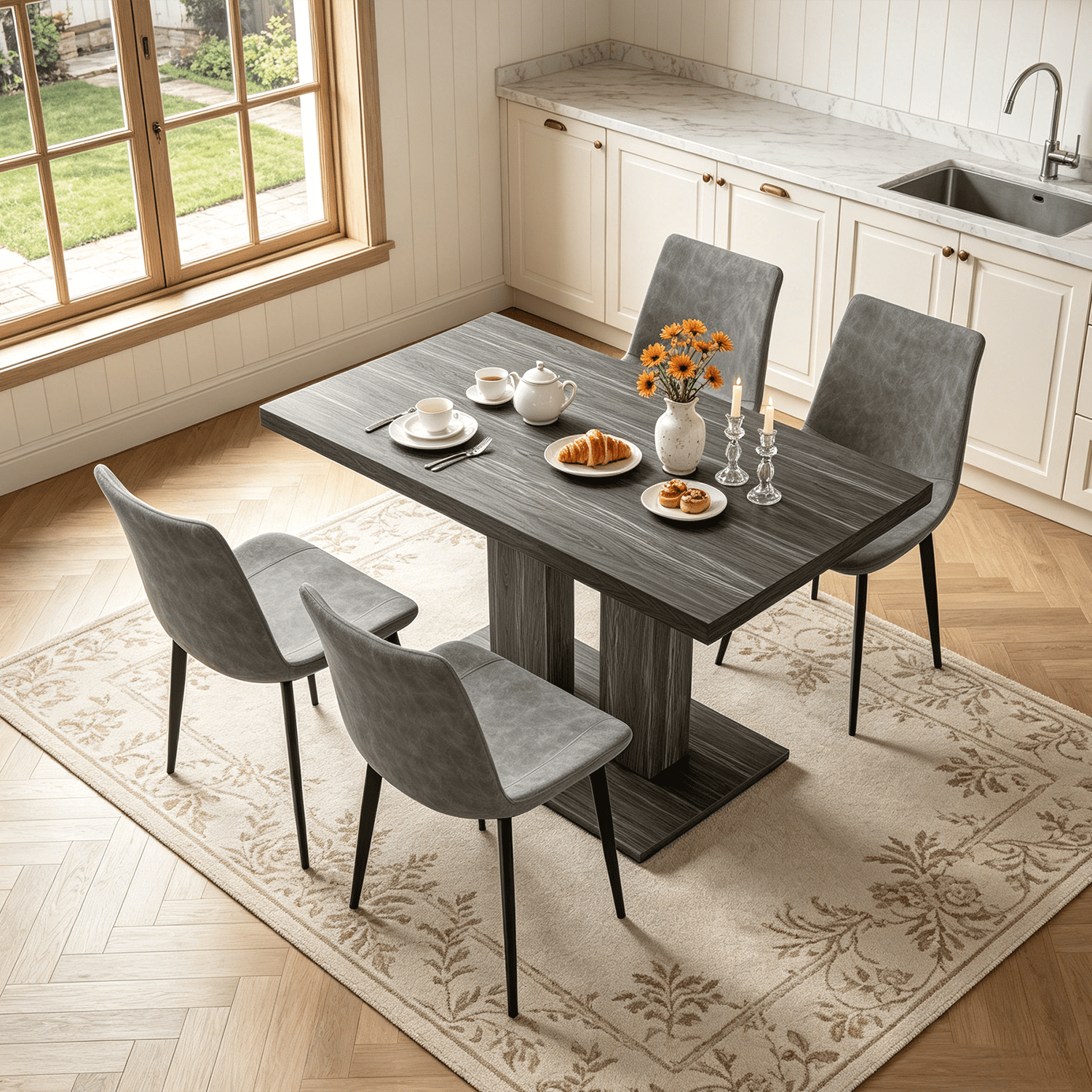 46.2 Dining Table,Modern Square Dining Table for 4-6 People,Rectangular Dining Room Table with Sturdy Pedestal Base，Rectangle kitchen Table for Living Room, Apartment