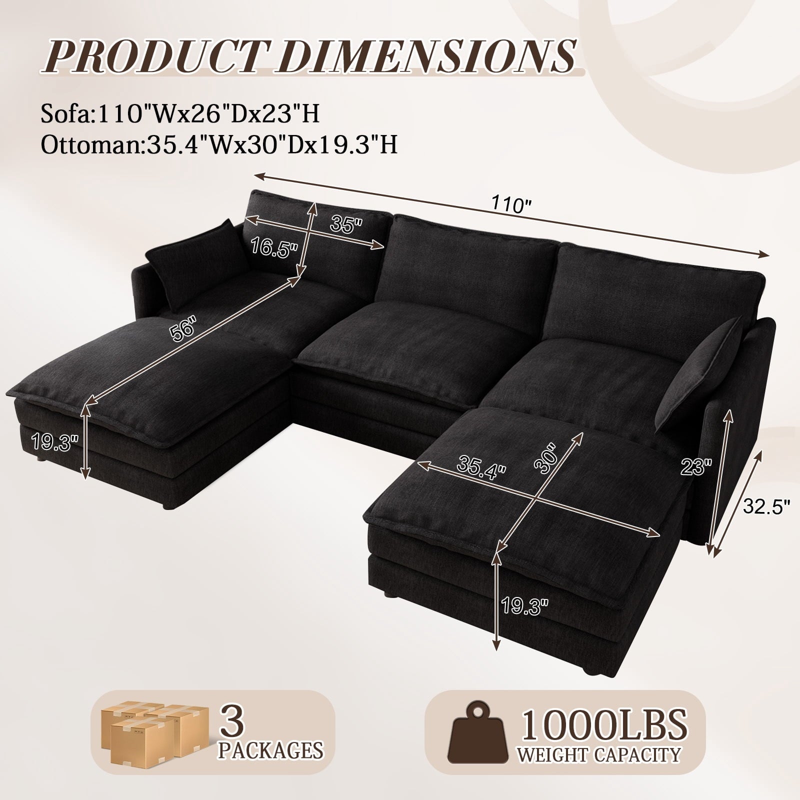 Muumblus Sectional Sofa Cloud Couch with Reversible Ottoman, L-Shaped Chenille Sofa for Living Rooms, Beige