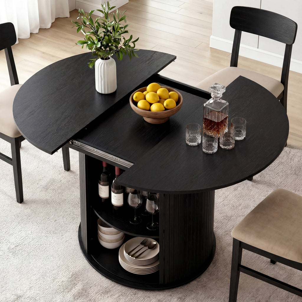 EOP 47″- 63″ Extendable Round Dining Table for 4-6, Wooden Kitchen Table with Hidden Storage and Fluted Sliding Door Cabinet, Modern Space-Saving Table for Dining Room Kitchen, Natural Wood