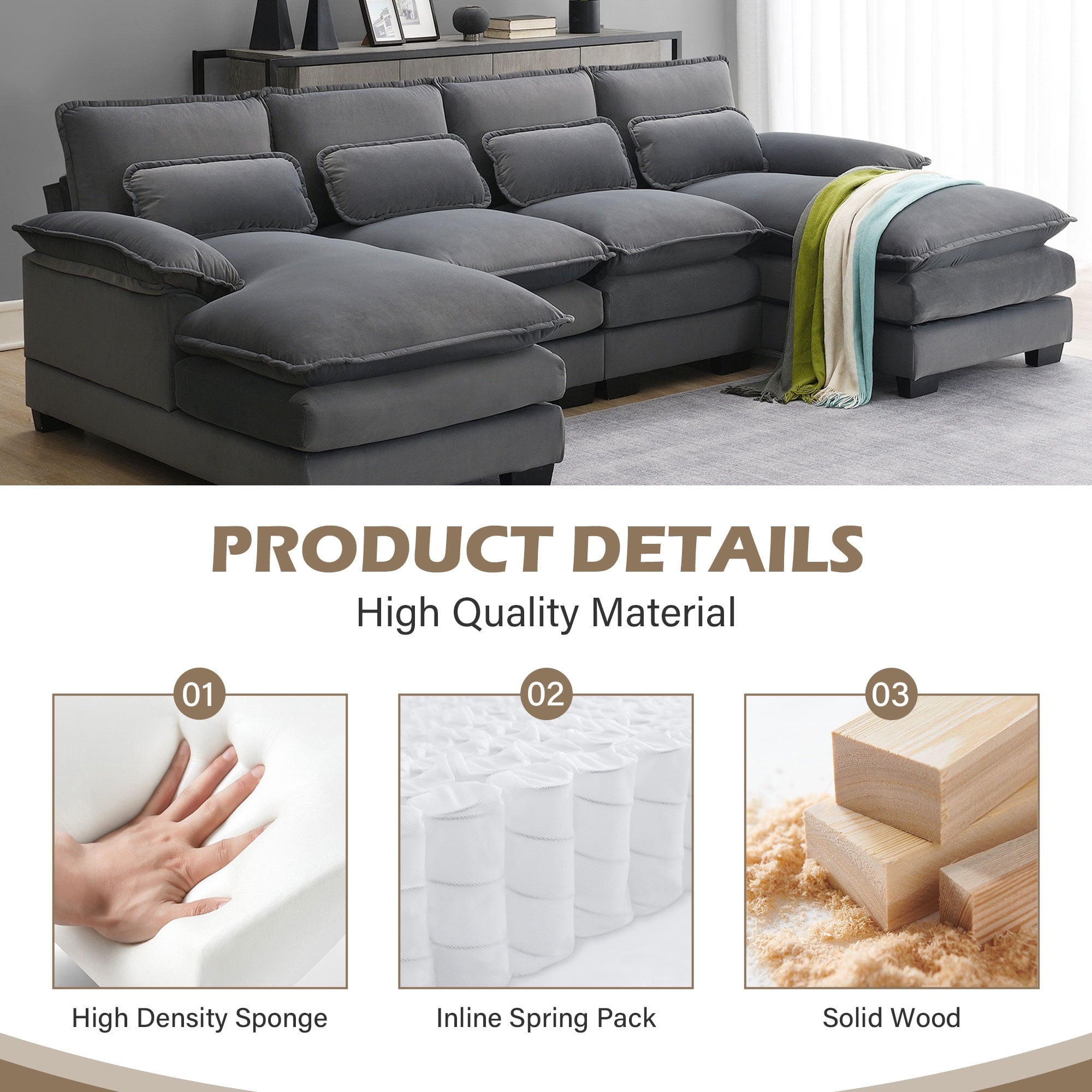 JONPONY109.45 U Shaped Couch,Oversized 4 Seat Sectional with 4 Waist Pillows, Convertible Upholstery Symmetrical Sofá,Sleeper Sofa Couch with Double Chaise Lounge &Memory Foam for Living Room, Beige