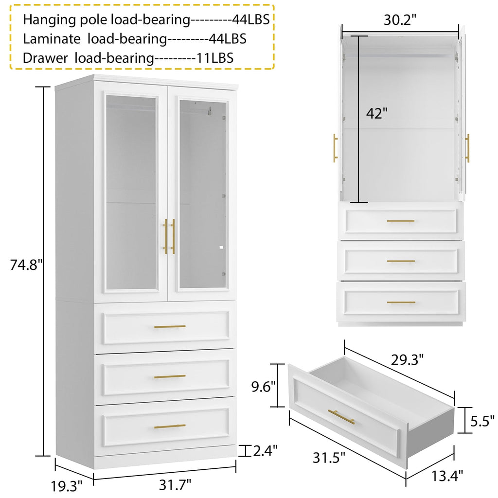 OxyLife 2 Door Wardrobe Armoire, White Closet Storage Organizer with Drawers and Shelves