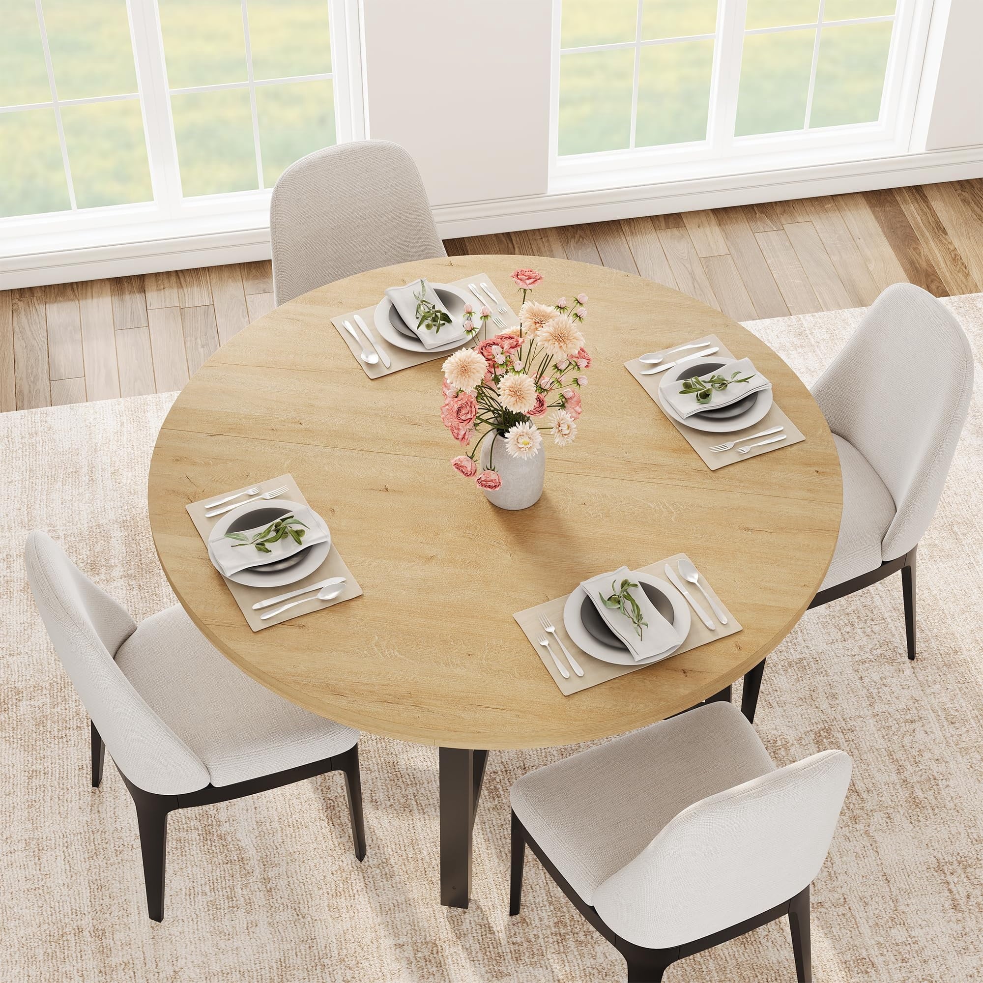 31.5 Round Dining Table for 4 People, Modern Wood Circle Kitchen Table with Sturdy Industrial Metal Frame, Small Space Saving Dining Room Table for Apartment & Breakfast Nook, (No Chairs), Walnut