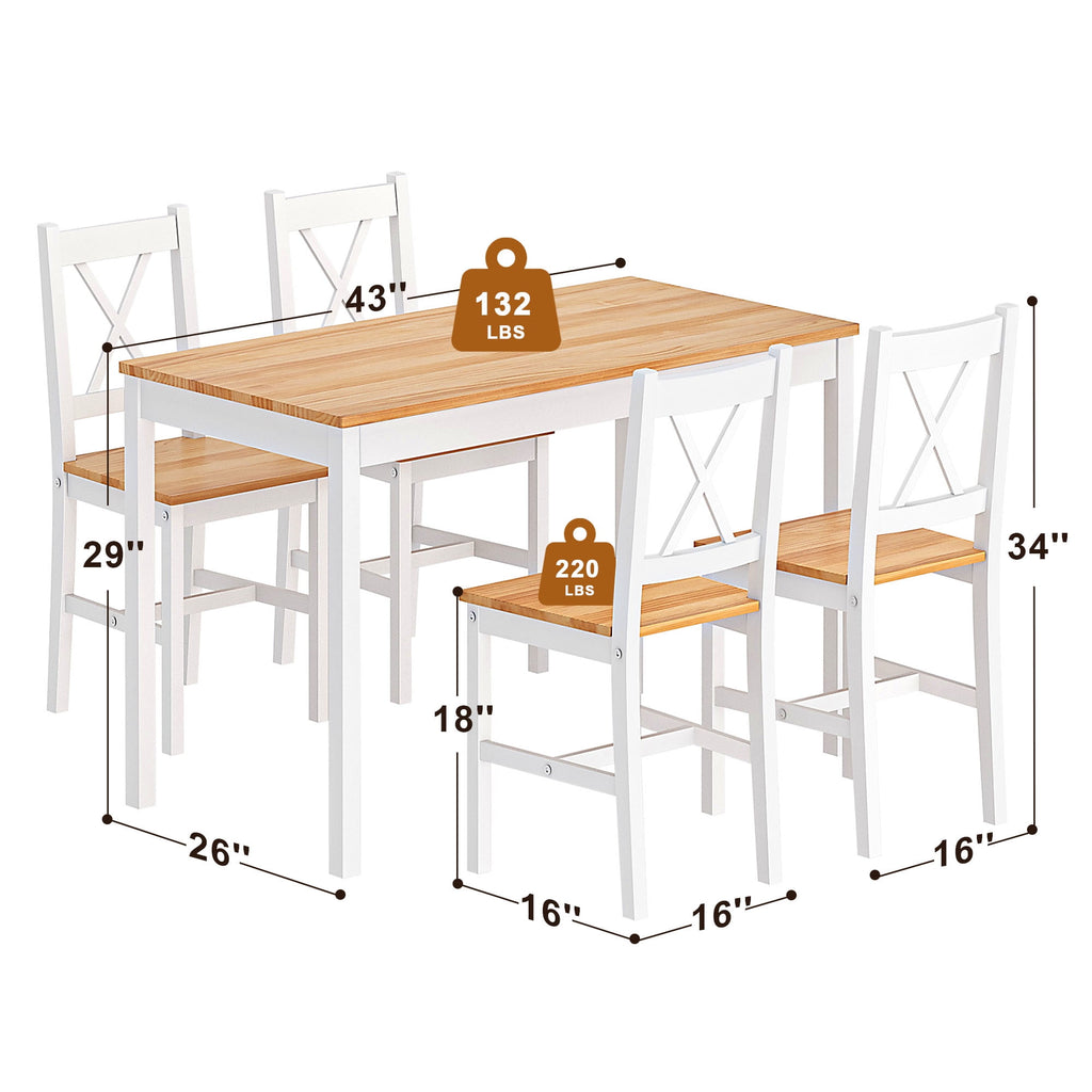 Soges 4-Person Dining Table Set 5 Pieces, Wood Kitchen Table Set with 4 Chairs for Kitchen Dining Room Restaurant, White&Oak