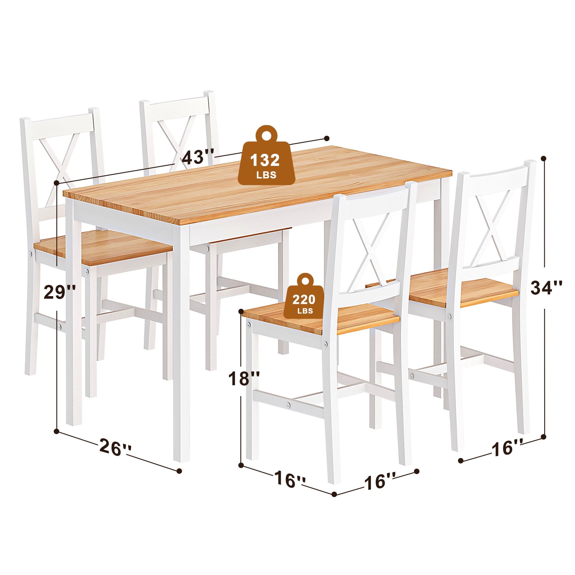 Soges 4-Person Dining Table Set 5 Pieces, Wood Kitchen Table Set with 4 Chairs for Kitchen Dining Room Restaurant, White&Oak