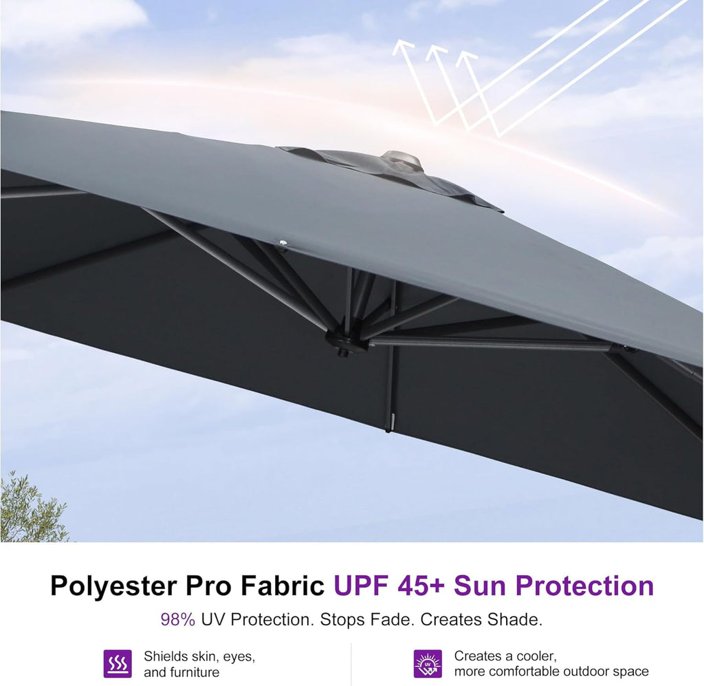 PURPLE LEAF 10x10 Ft Cantilever Umbrella Square Outdoor Patio Umbrella Large Offset Hanging Umbrella Aluminum Umbrella with 360°Rotation Adjustable Garden Pool Umbrella,Gray