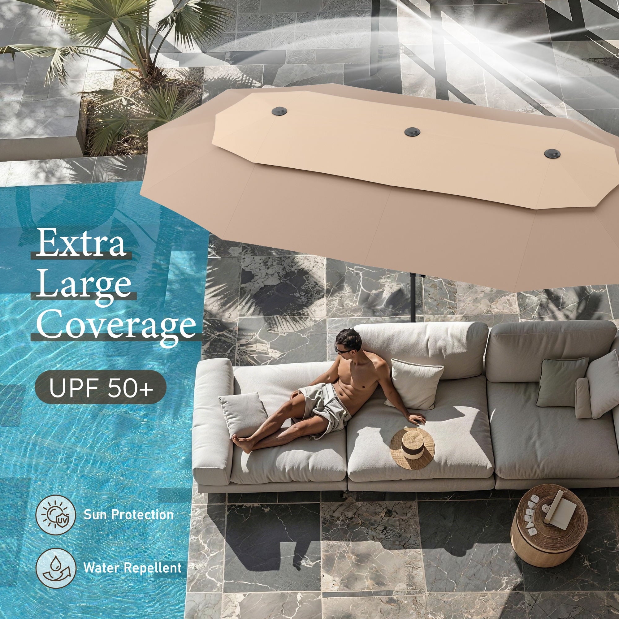 SUMMIT LIVING 13FT Patio Umbrella with Base Included - Double-Vented Rectangle Outdoor Market Umbrella for Patio - Beige