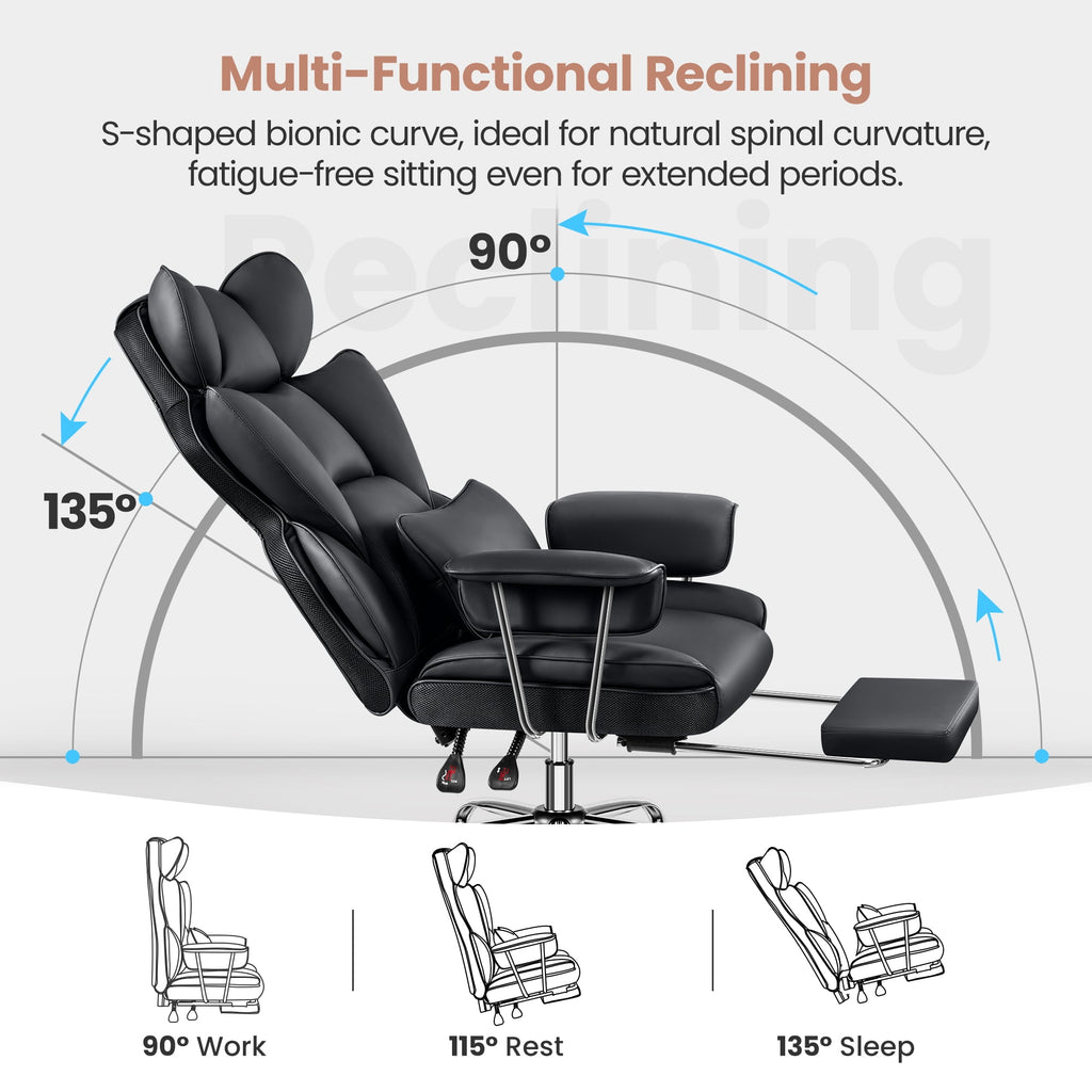 ATHOPE Executive Leather Office Chair 500lbs, Big and Tall Desk Chair with Footrest, High Back Ergonomic Reclining Computer Chair, High-Density Foam, Heavy Duty Swivel Rolling Chair, Black