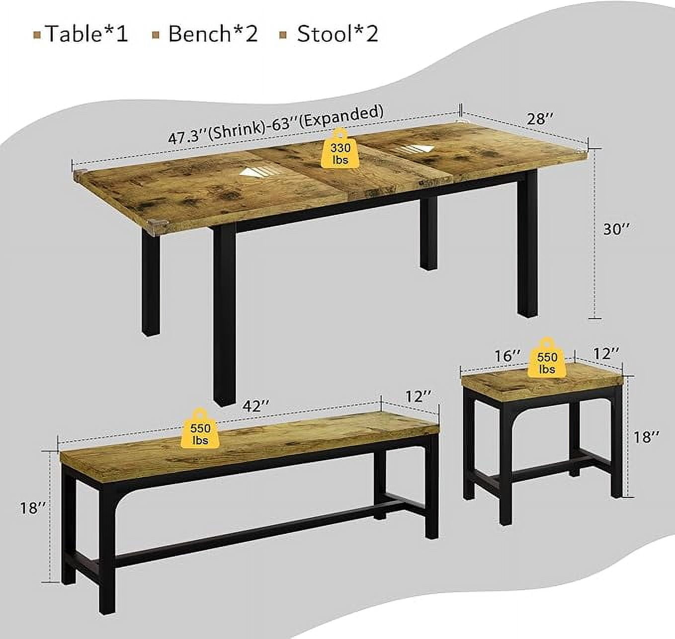 iPormis 5-Piece Dining Table Set for 4-8 People, Extendable Kitchen Table Set with 2 Benches and 2 Square Stools, Espresso