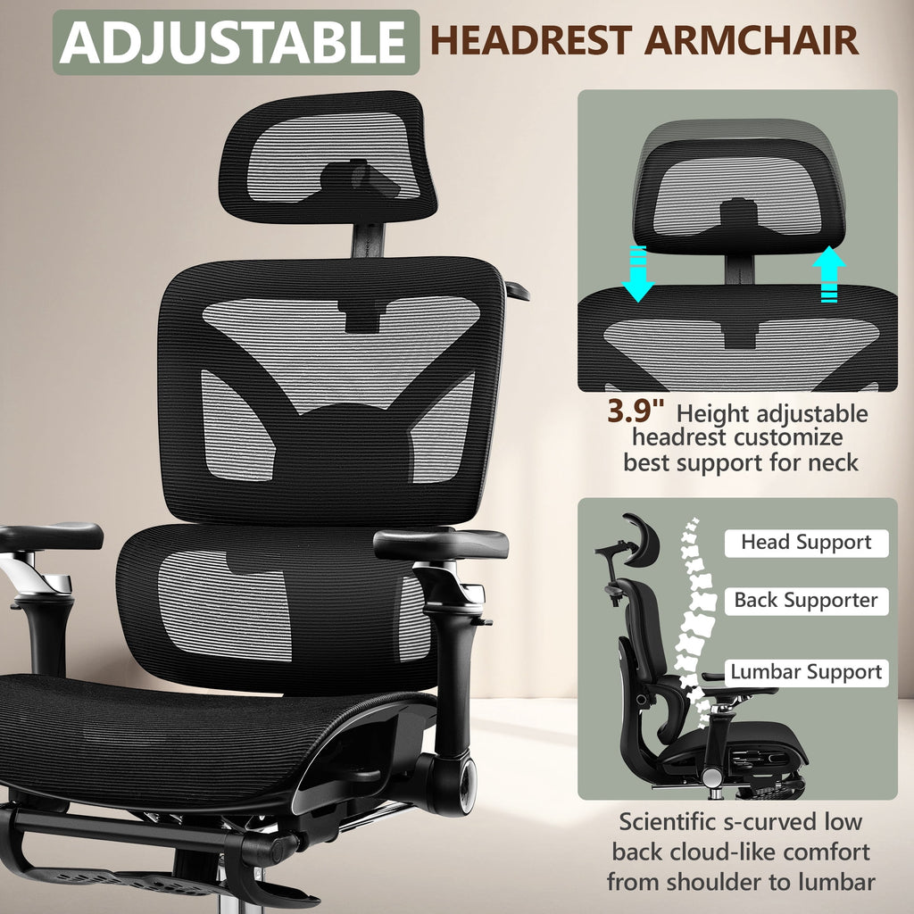 COOLHUT Ergonomic Mesh Office Chair with Footrest, Big and Tall Computer Desk Chair with Adjustable Lumbar Support, Headrest and Armrest, High Back Home Office Chair for Workspace, 300LBS, Black