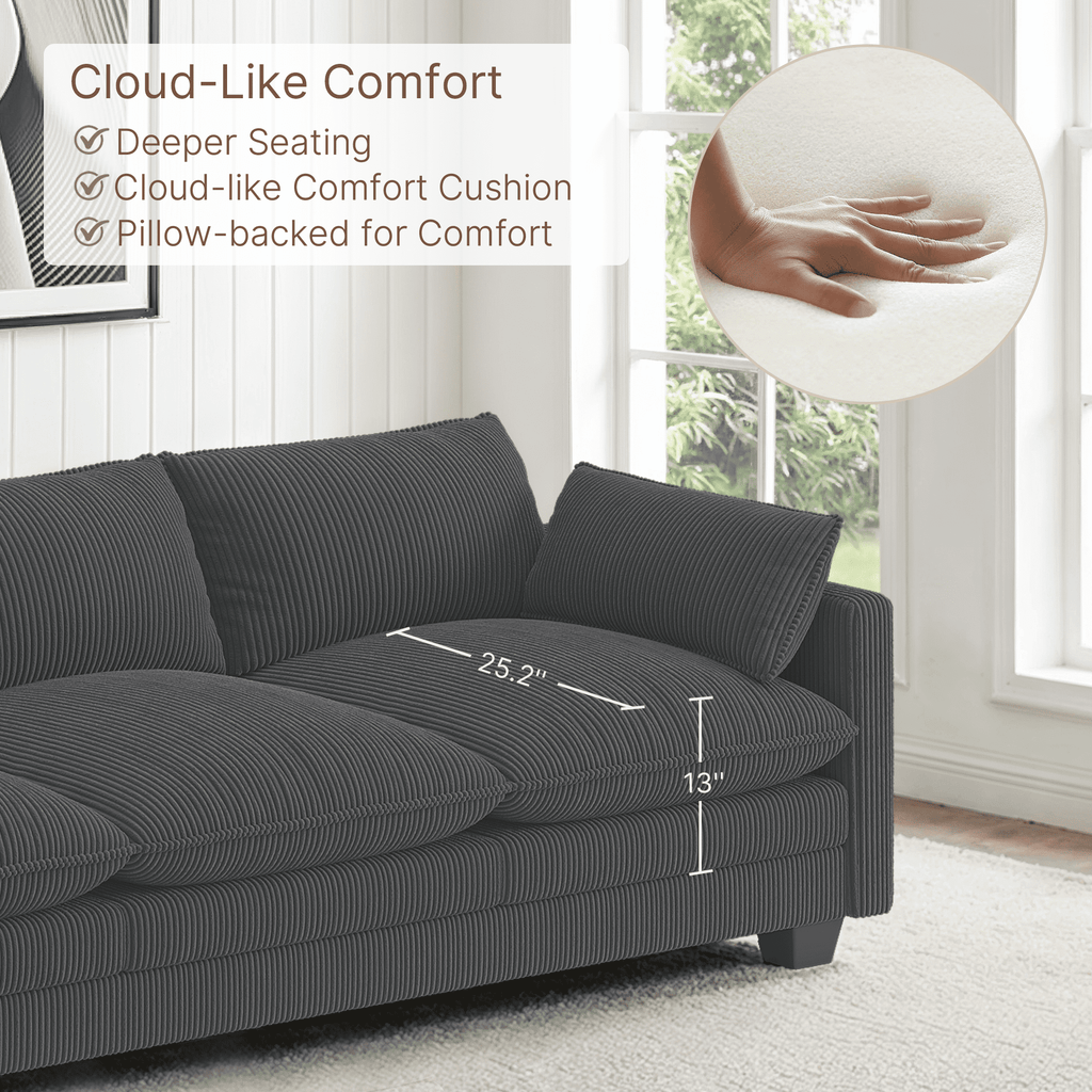 110'' Oversized L Shaped Couch for Living Room, Cloud Couches with Washable Corduroy Cover, Modern 4-Seater Comfy Deep-Seat Sofa with Movable Ottoman and 2 Throw Pillows for Apartment, Gray