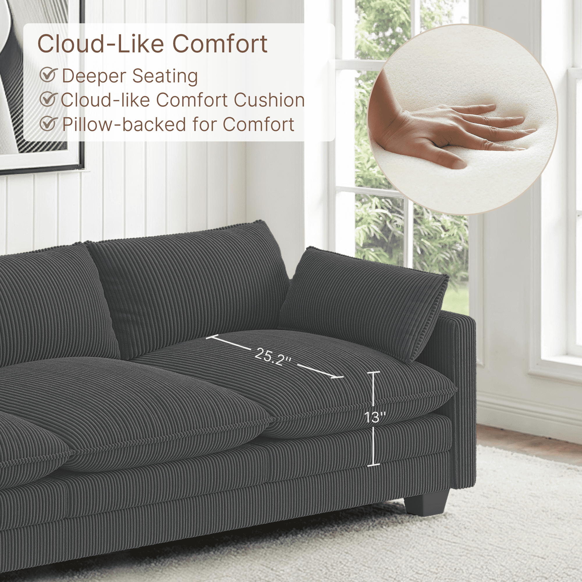 110'' Oversized L Shaped Couch for Living Room, Cloud Couches with Washable Corduroy Cover, Modern 4-Seater Comfy Deep-Seat Sofa with Movable Ottoman and 2 Throw Pillows for Apartment, Gray