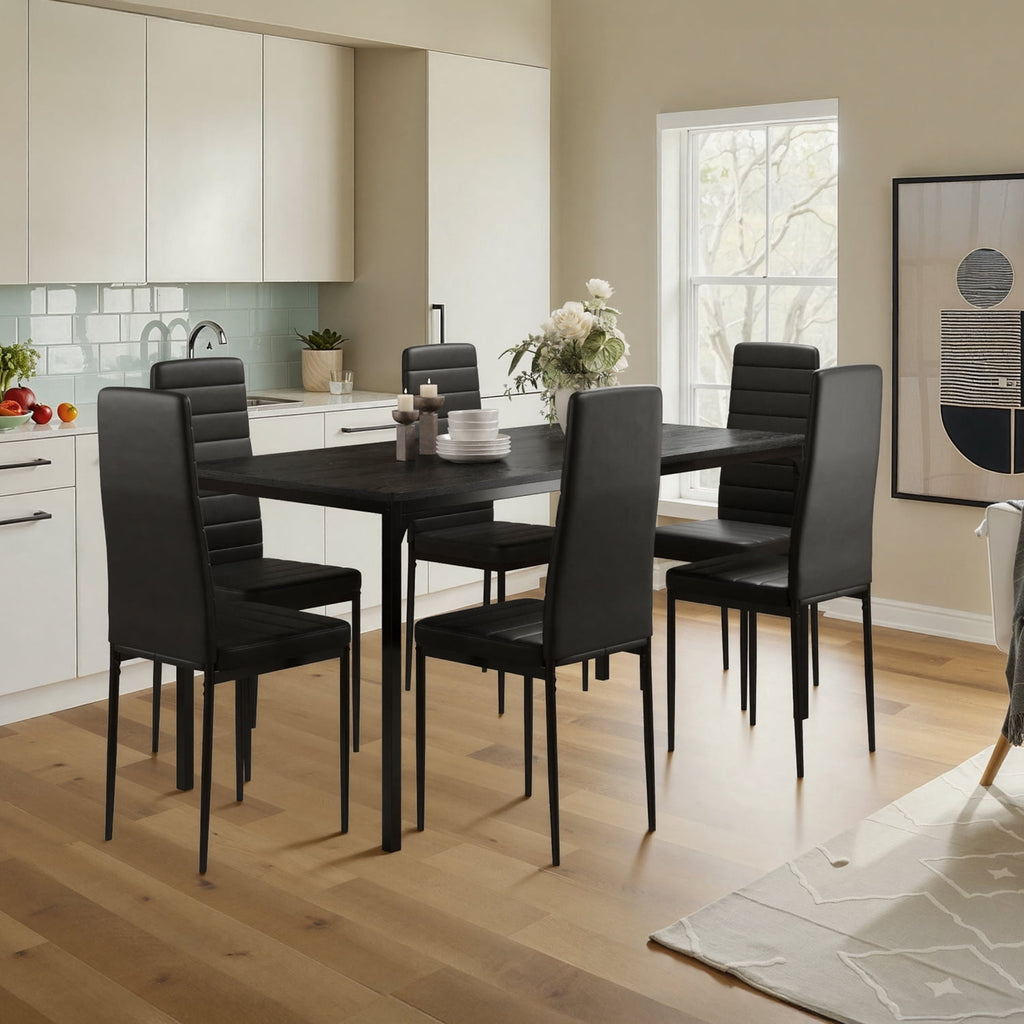7 Piece Dining Table Set for 6, Kitchen Dining Room Furniture with 6 PU Leather Upholstered Chairs, Suitable for Apartment Small Space, Black