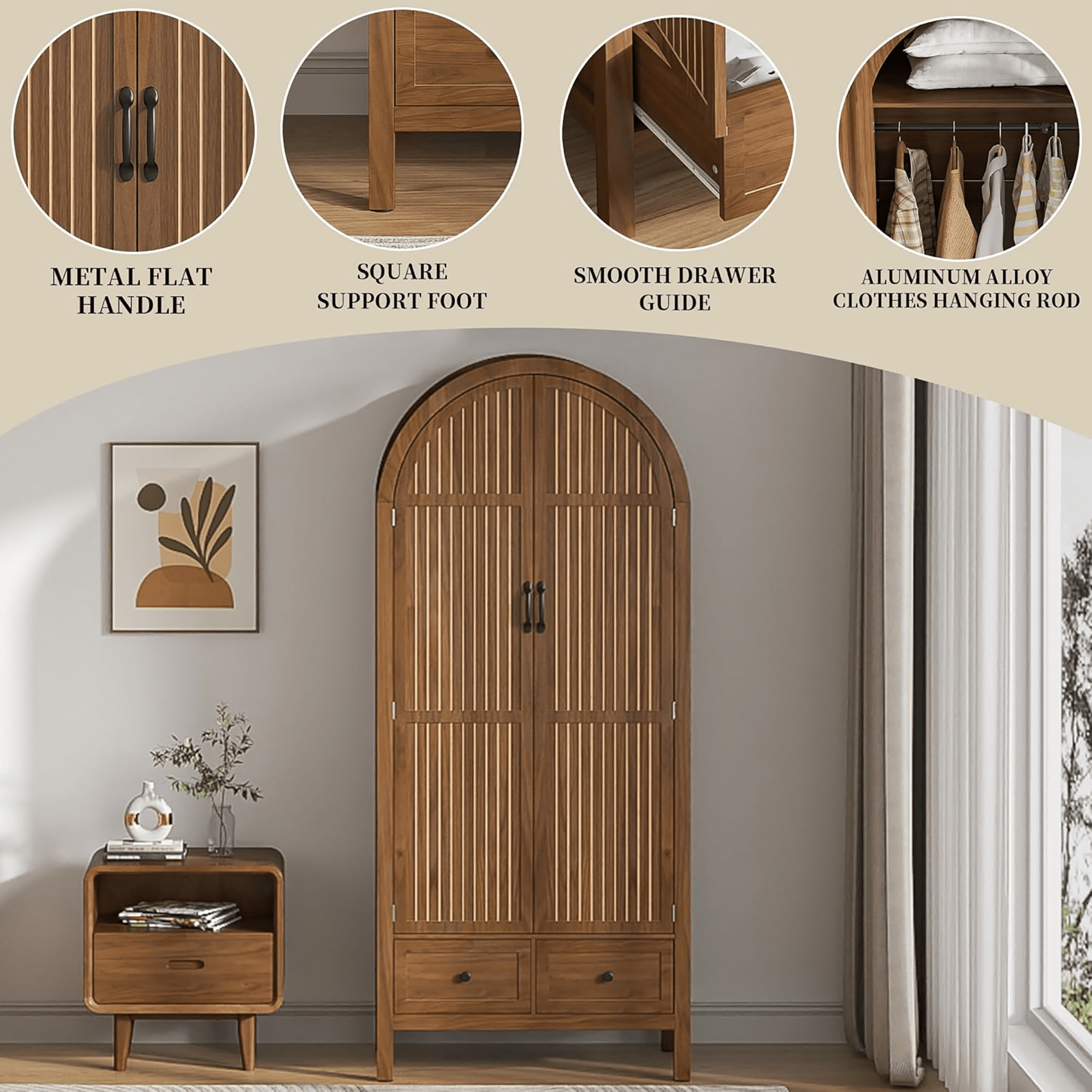 Oubayajia Arched Armoire Wardrobe Closet with Fluted Doors, Wooden Wardrobe Closet with Drawers, Shelves and Hanging Rod for Bedroom