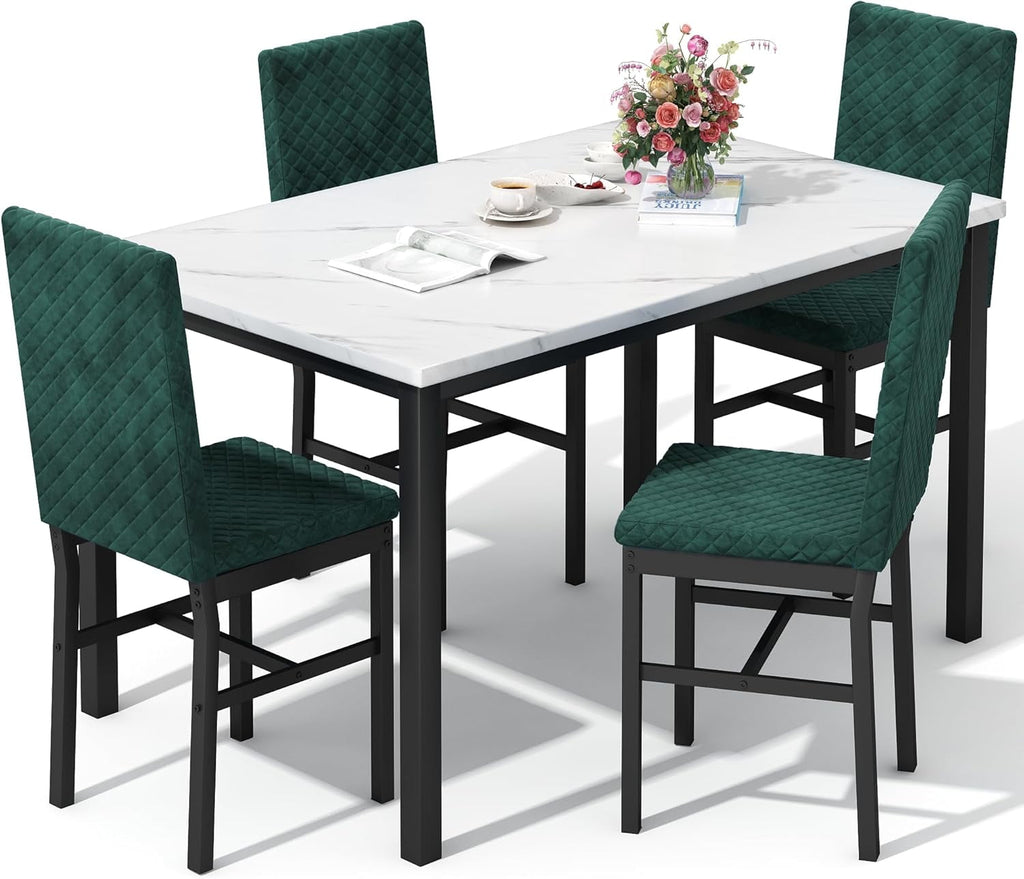 Baxluxe Dining Table Set for 4, Modern 5 Piece Dining Table Set, Faux Marble Kitchen Table and 4 Velvet Upholstered Chairs for Apartments, Dining Rooms, Small Spaces, Gray