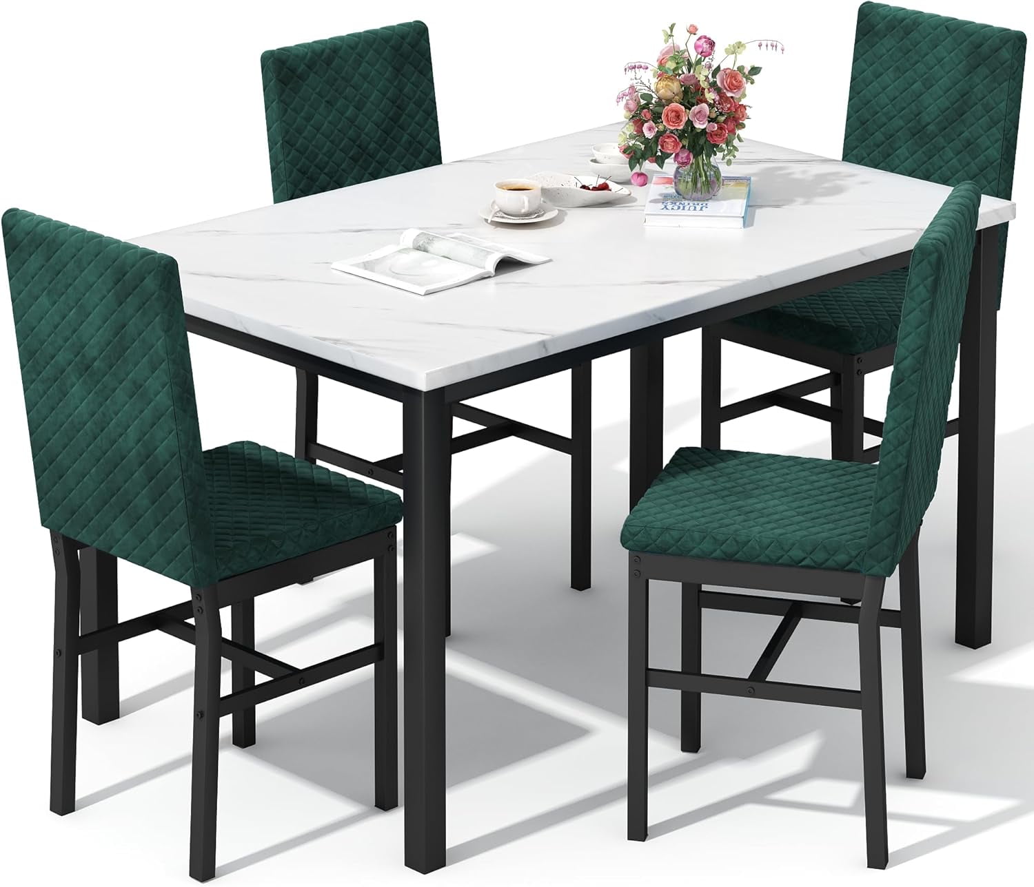 Baxluxe Dining Table Set for 4, Modern 5 Piece Dining Table Set, Faux Marble Kitchen Table and 4 Velvet Upholstered Chairs for Apartments, Dining Rooms, Small Spaces, Gray