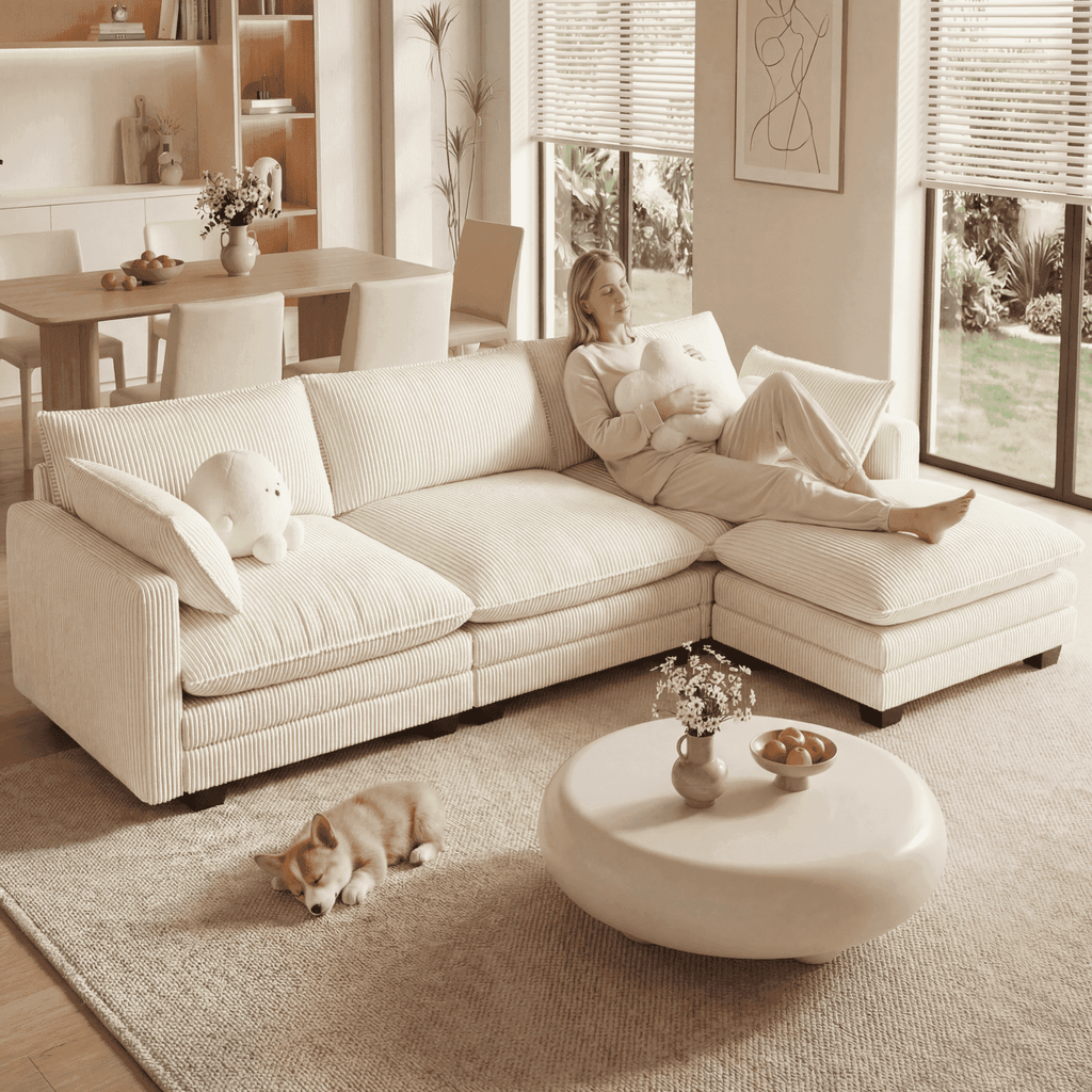 110'' Oversized L Shaped Couch for Living Room, Cloud Couches with Washable Corduroy Cover, Modern 4-Seater Comfy Deep-Seat Sofa with Movable Ottoman and 2 Throw Pillows for Apartment, Gray